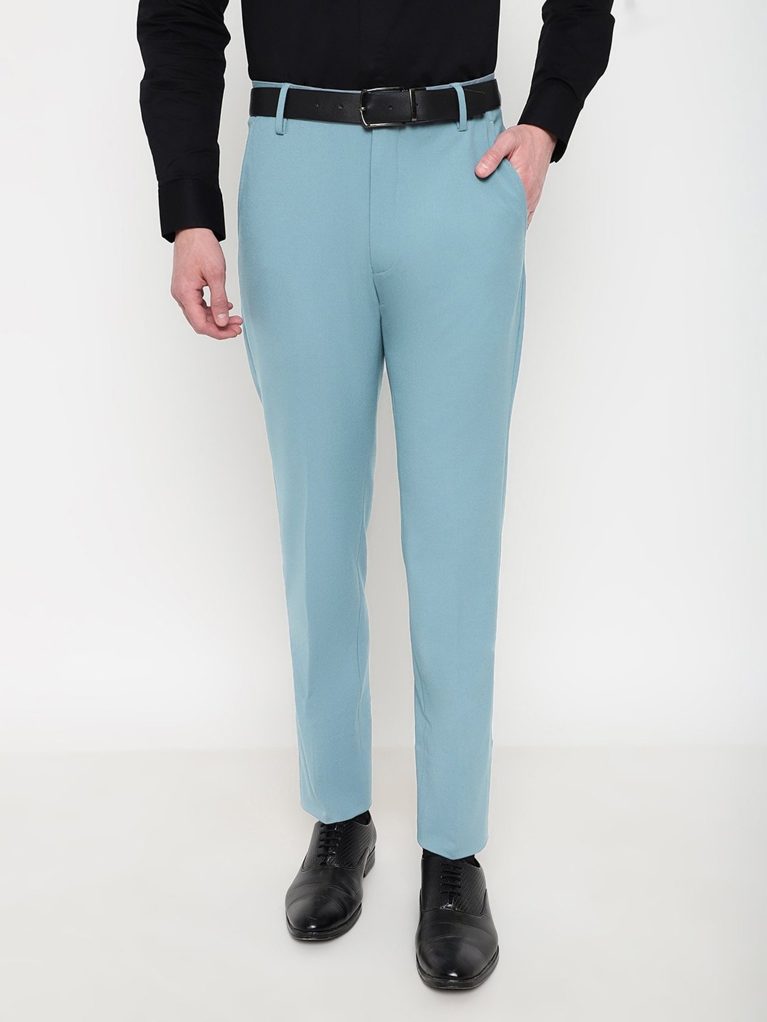 SUBTRACT Powder Blue Slim Fit Flat Front Trousers