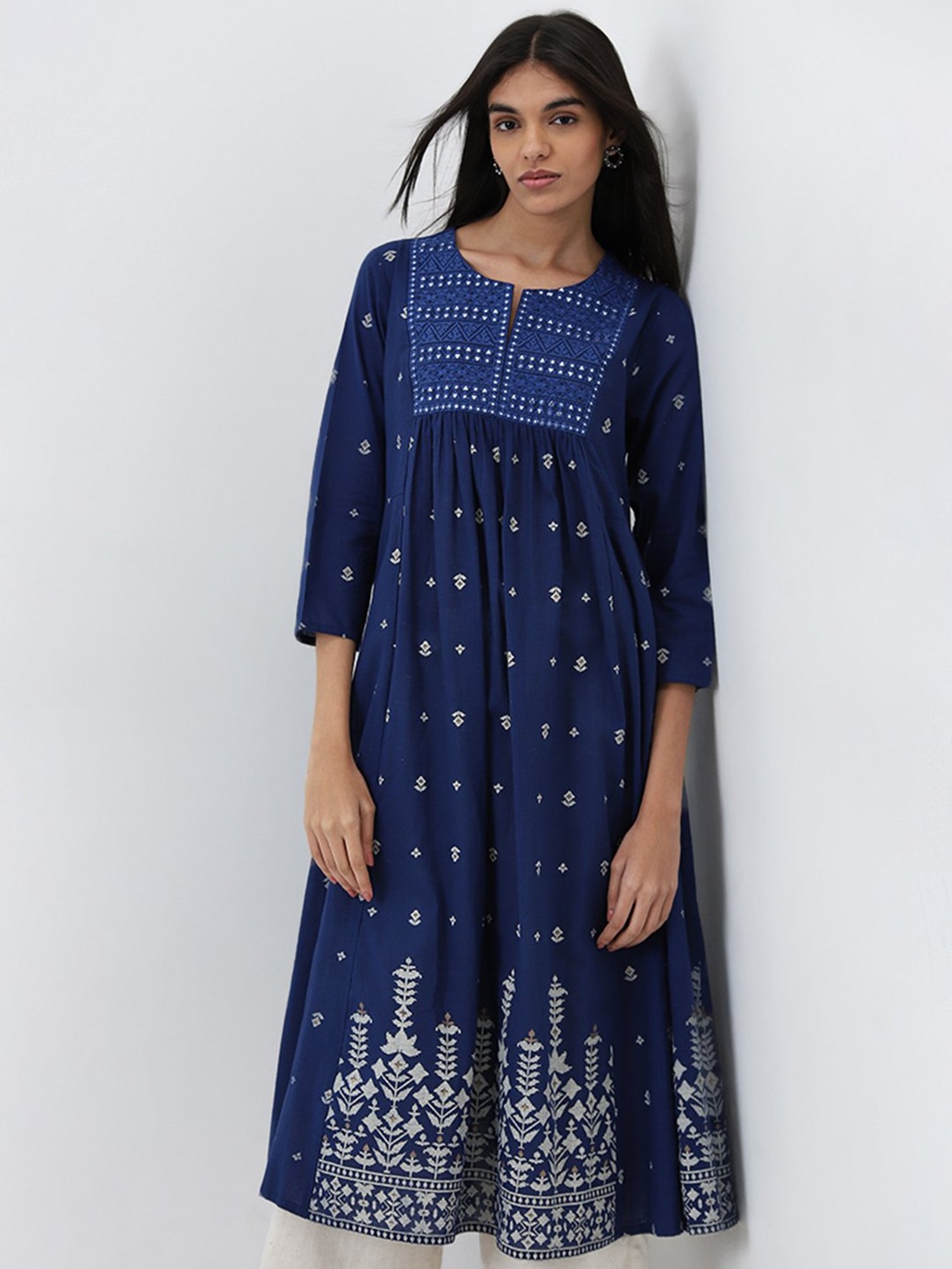 Utsa by Westside Dark Blue Printed Fit-and-Flare Cotton Kurta