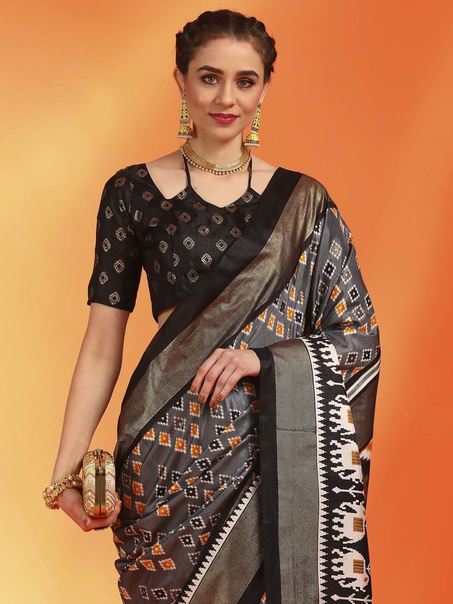 Saree Mall Grey Silk Printed Saree With Unstitched Blouse