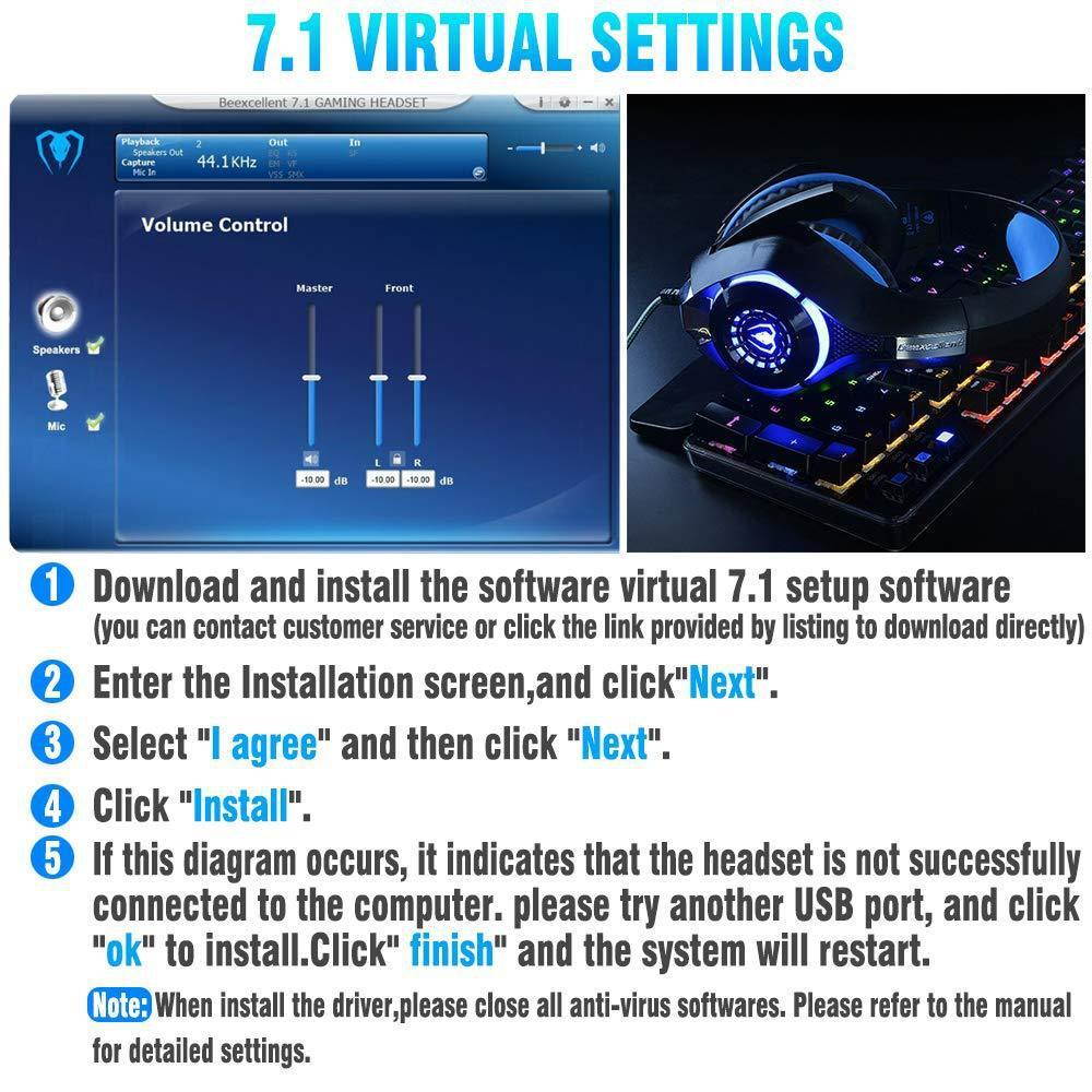beexcellent usb headset, 7.1 surround sound computer gaming headset, pc headset with noise canceling mic volume control led light for pc mac laptop
