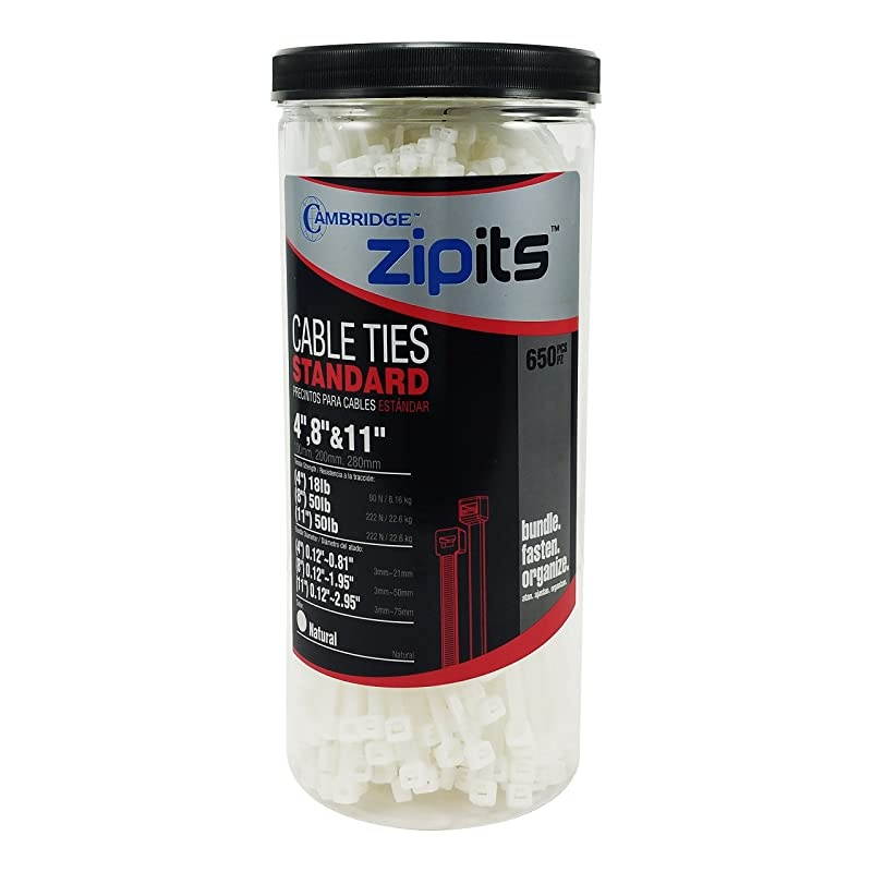 ZipIts Cable Tie Kit 650 Pack Assortment of 4-in, 8-in, 11-in Self Locking Natural Zip Ties, UL Listed, Contractor Quality and Strength