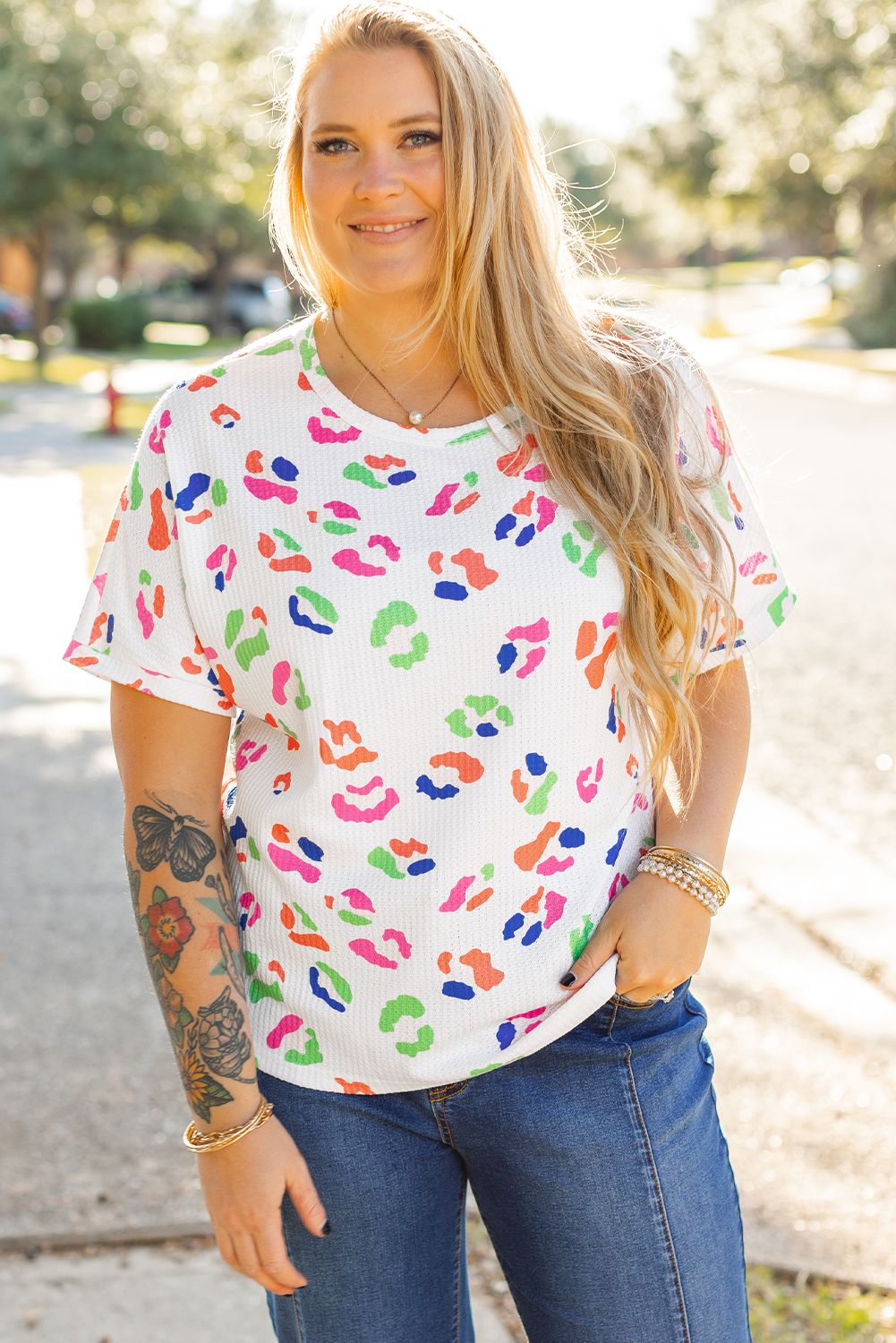 Rose Leopard Print V Neck Plus Size Tee