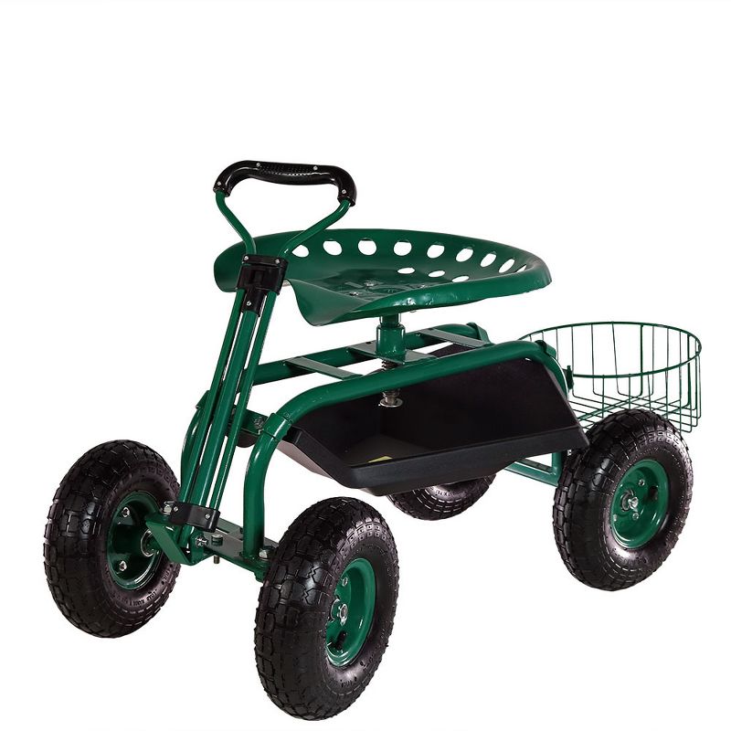 Sunnydaze Outdoor Lawn and Garden Heavy-Duty Steel Rolling Gardening Cart with Extendable Steer Handle, Swivel Chair, Tool Tray, and Basket - Green