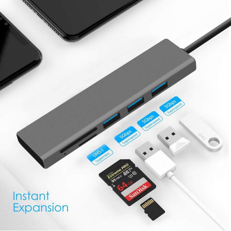 USB 3.0 Hub Ultra Slim 3-Port Aluminum Hub with 2-Slot SD/TF Card Reader Combo, 5 in 1 Superspeed USB 3.0 Hub for MacBook Pro 13/15, iMac, Mac Pro/Mini, Surface Pro, PCs and More - Gray