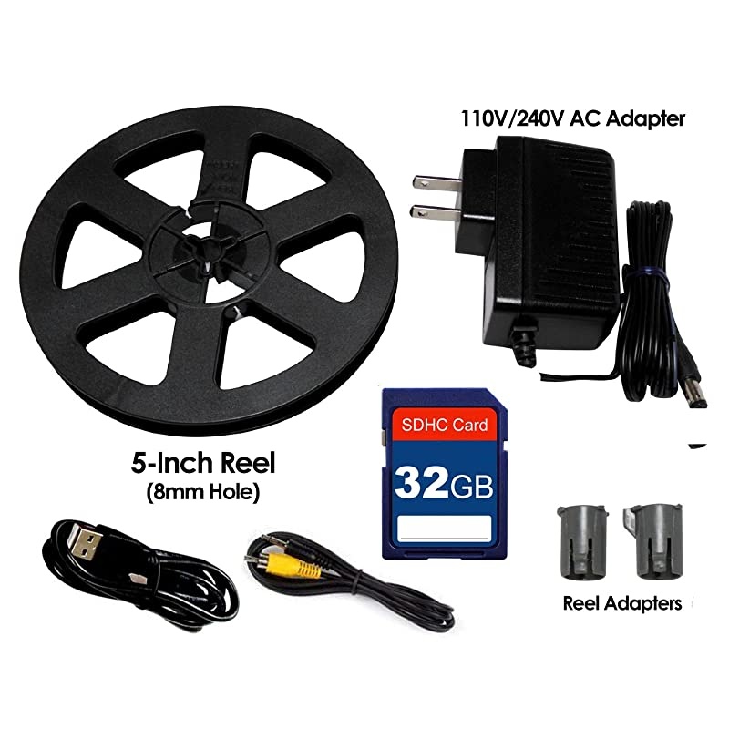 8mm and Super8 Reels Movie Digitizer with 2.4" LCD, Black (Film2Digital MovieMaker), Includes 32GB SD Memory Card & Worldwide Voltage 110V/240V AC Adapter (Bundle)