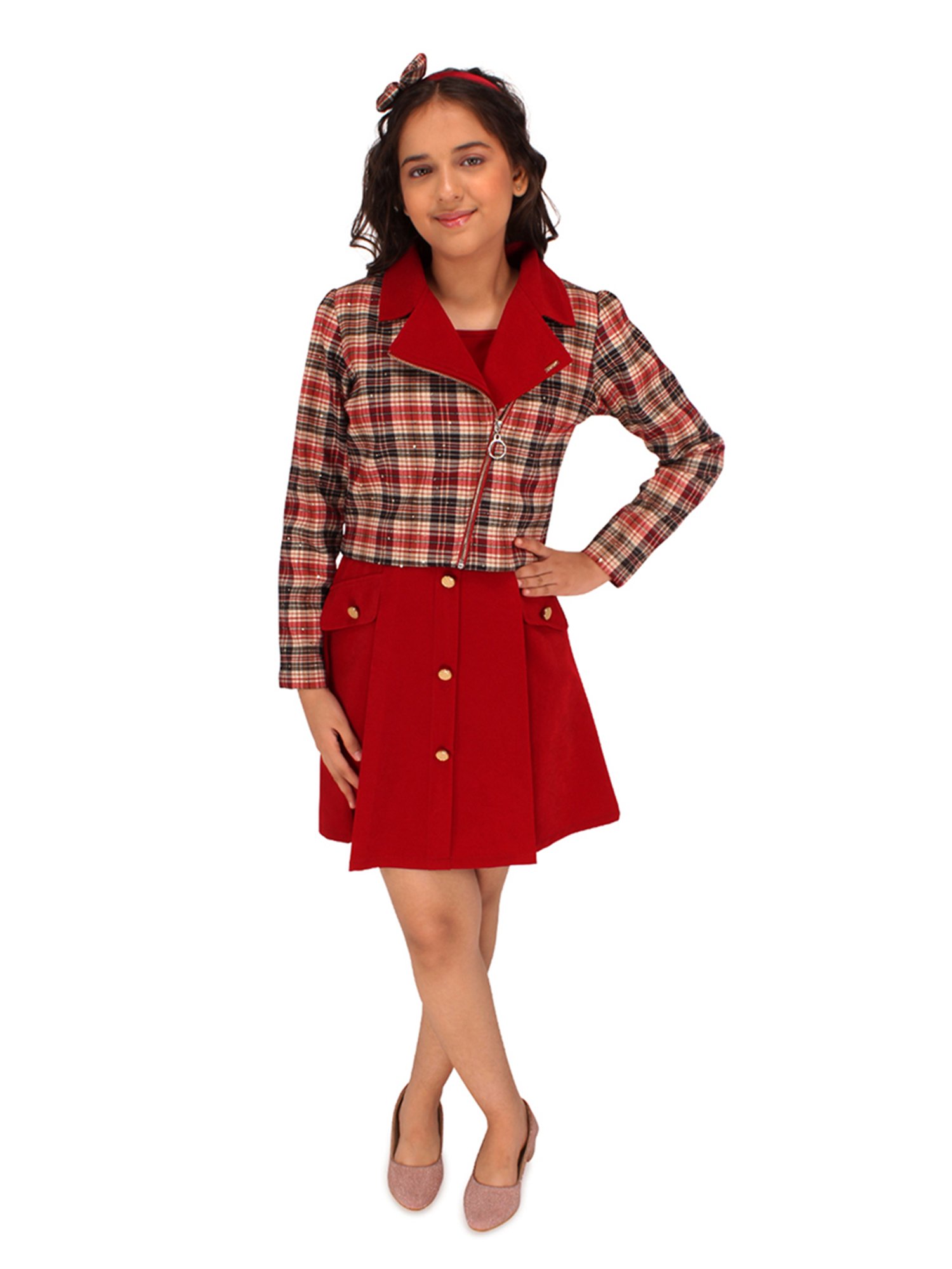 Cutecumber Kids Maroon Checks Full Sleeves Dress with Shrug