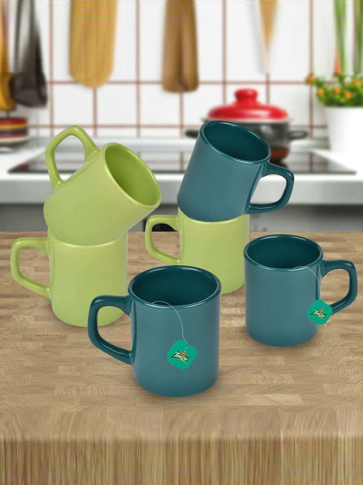 Urban Chef Dark Green & Parrot Green Ceramic Droite Handcrafted Microwave Safe Cup - Set of 6