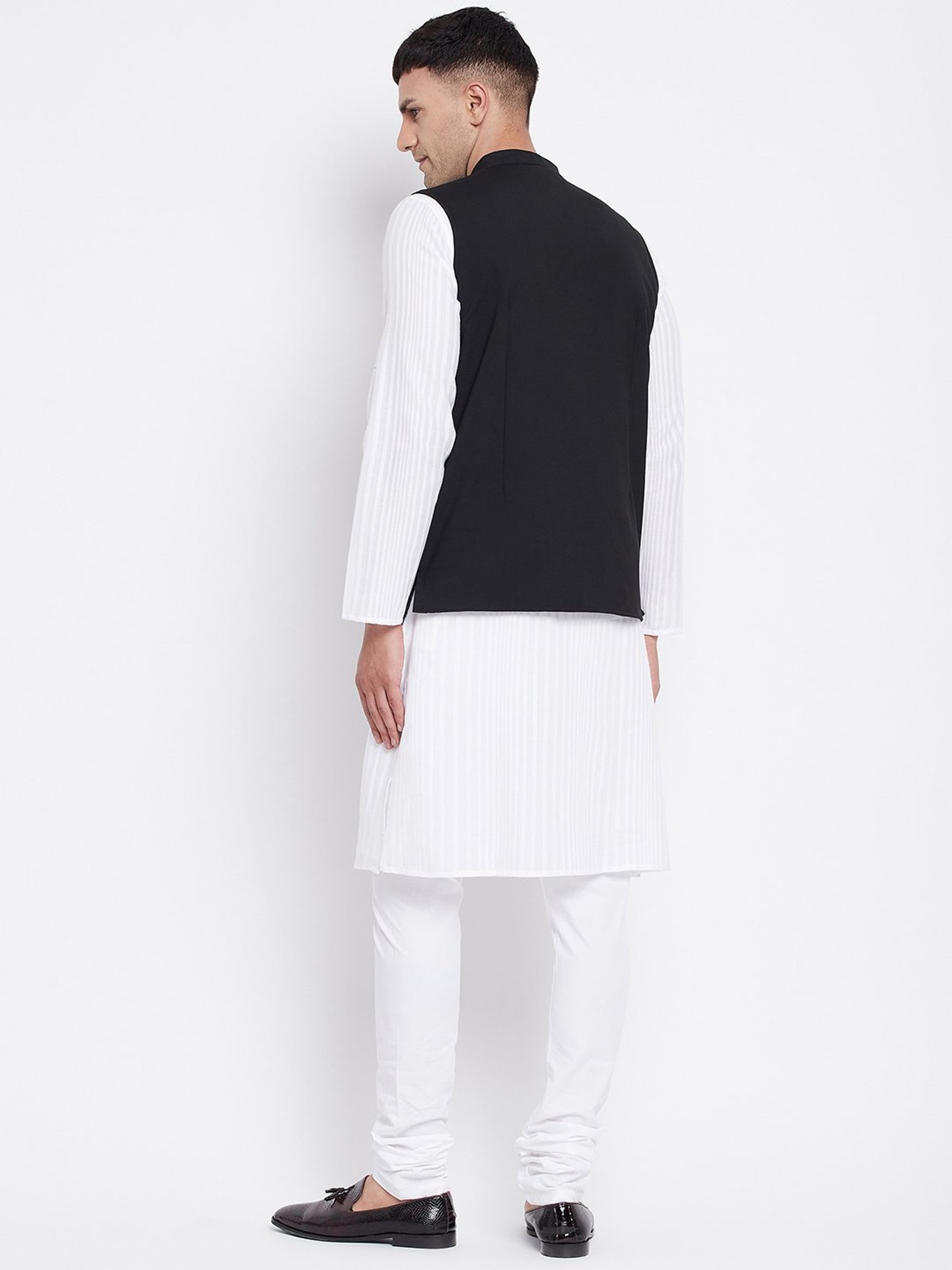 Even White & Black Kurta Churidar Set With Nehru Jacket