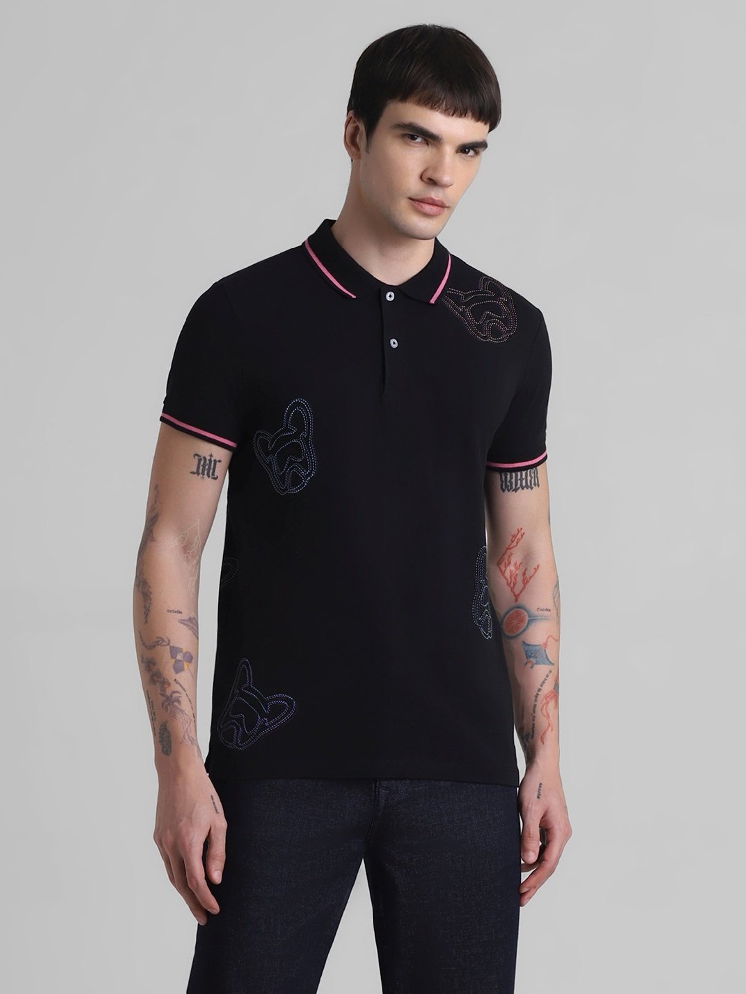 Jack & Jones Jet Black Cotton Slim Fit Self Pattern Polo T-Shirt