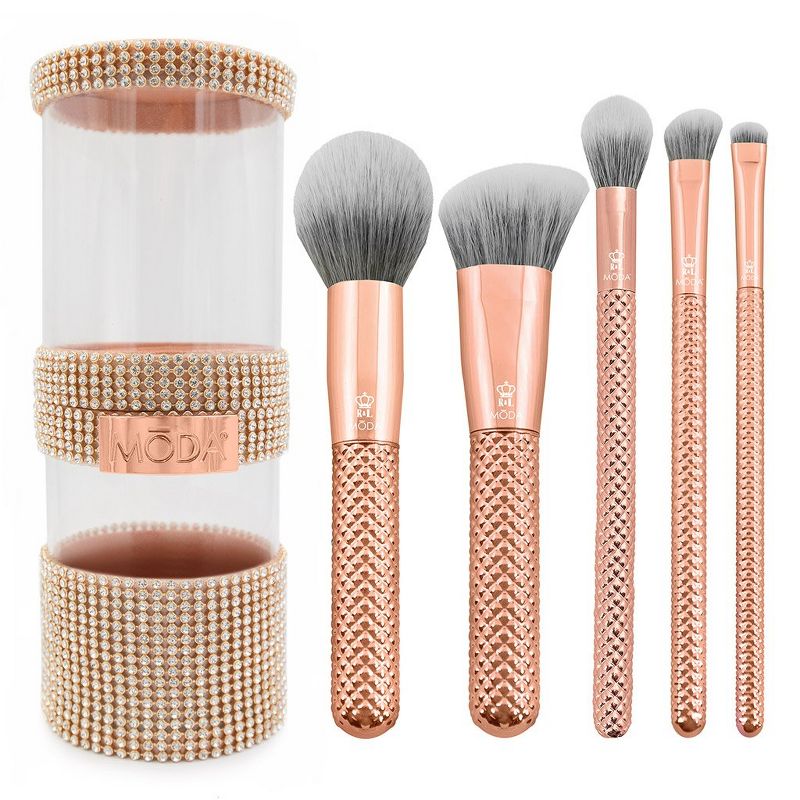 MODA Brush Metallics 6pc Full Face Rose Gold Makeup Brush Set with Rose Gold Gem Brush Container