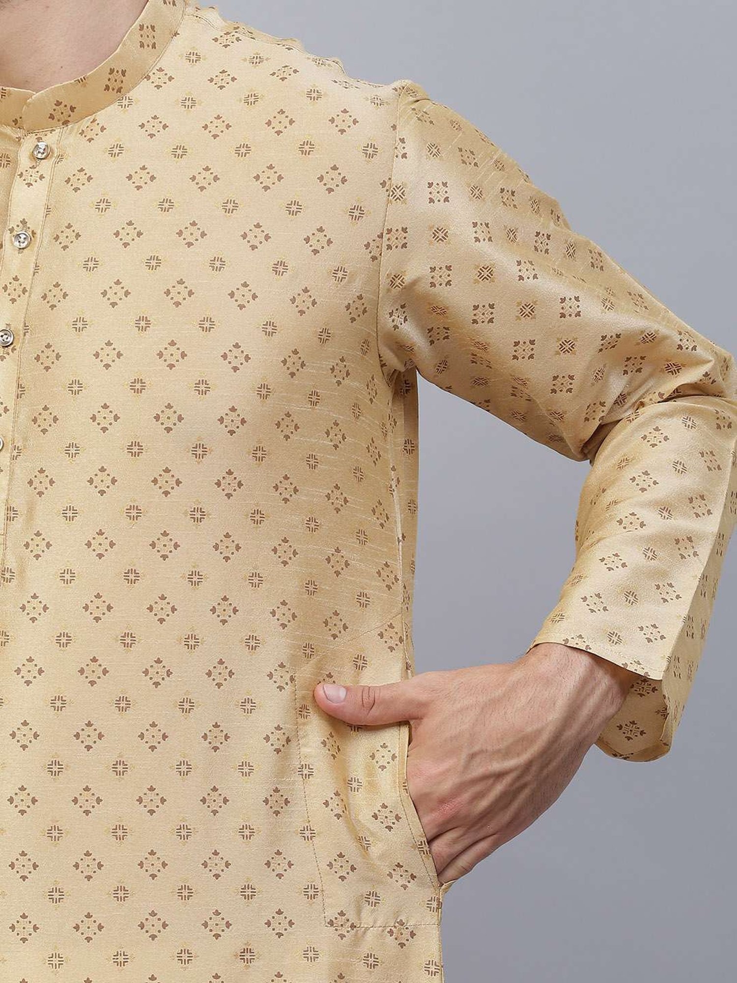 ManQ Beige & White Regular Fit Printed Kurta Bottom Set