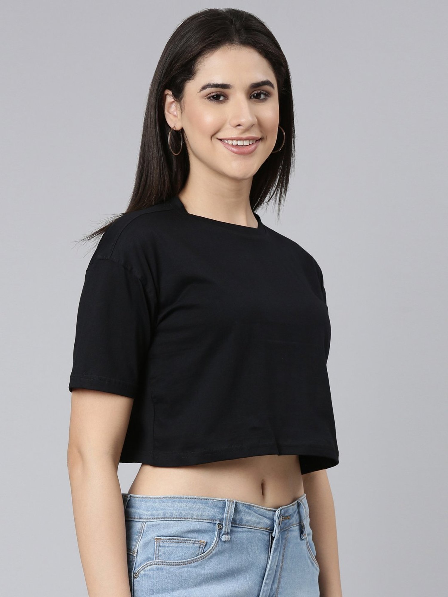 Kryptic Black Cotton Relaxed Fit Crop T-Shirt (Pack Of 2)