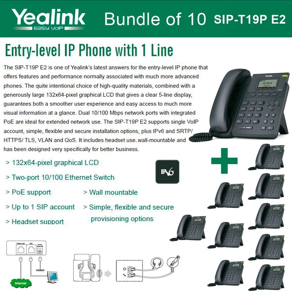 Yealink SIP-T19P E2 10-PACK VoIP Phone with 1 Line, PoE, Dual 10/100 Mbps