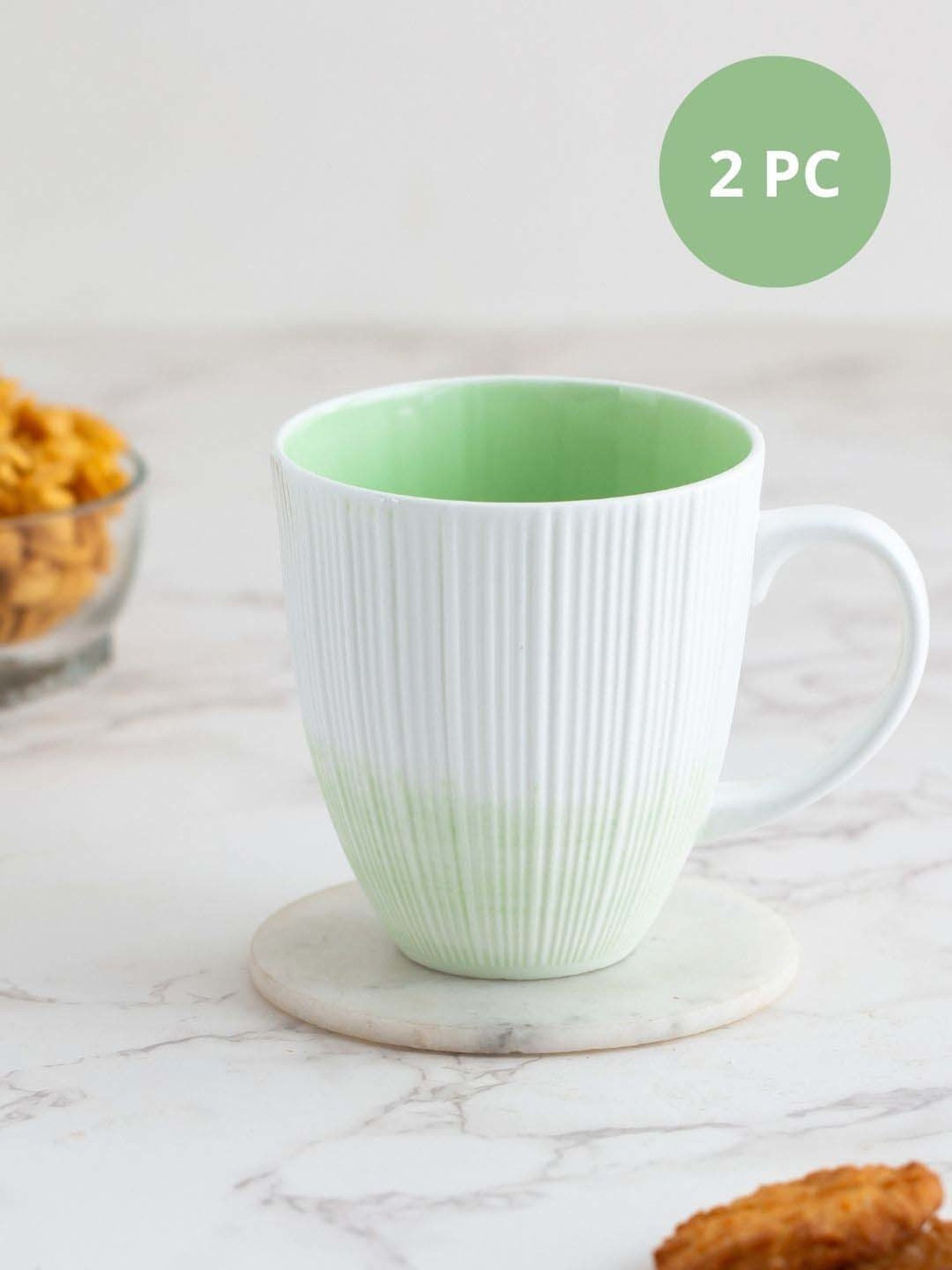 Clay Craft Vertis White & Green Ceramic Mug (0.35 L) - Set of 2