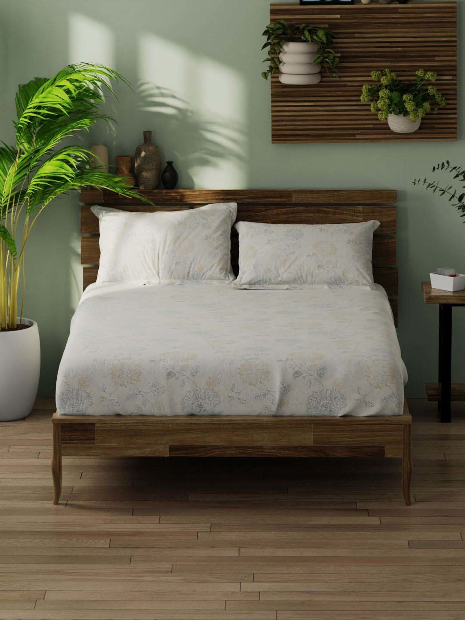 Bianca Organica White & Olive 180 TC Cotton King Bedsheet with 2 Pillow Covers