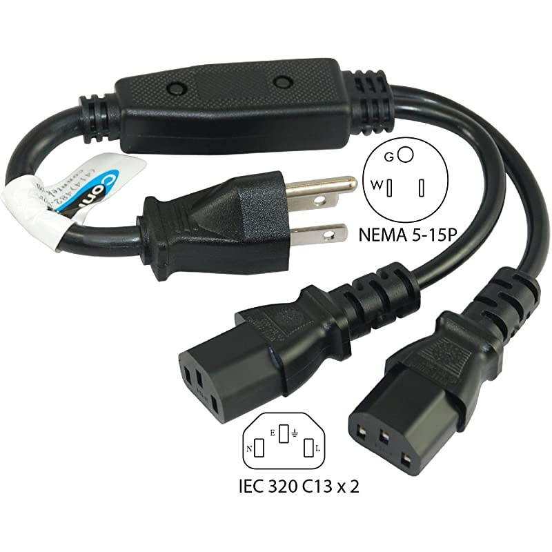 05215 Y-Cable 6 inch + 8-Inch 1 to 2 Outlet Y Power Equalizer 5-15P to 2 C13 Computer/Monitor/Projector Power Cord