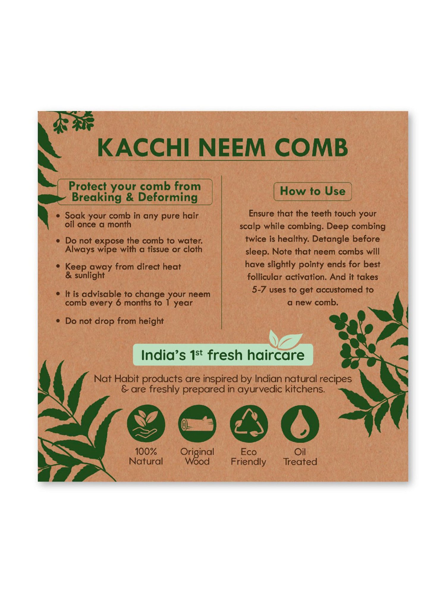 Nat Habit Kacchi Neem Wooden Wide Tooth Comb - Large