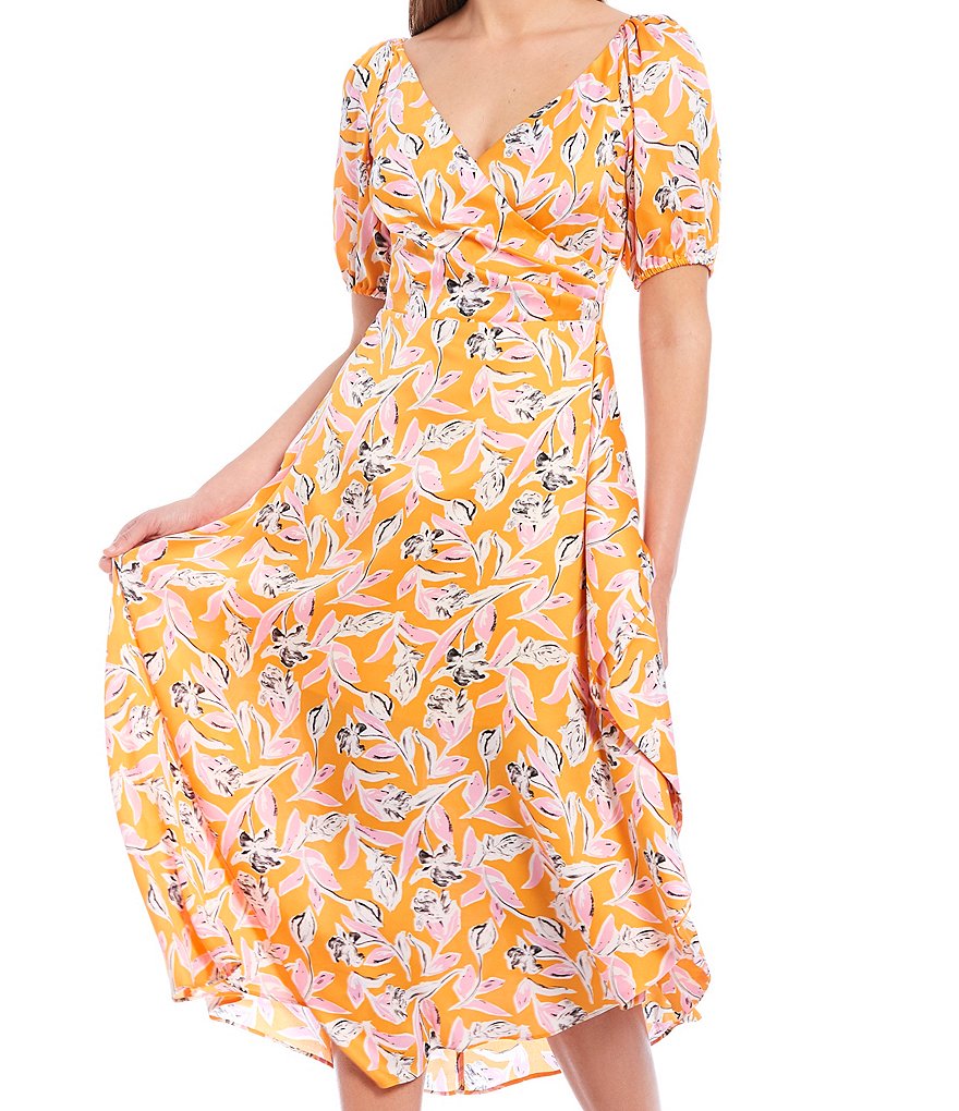 Sachin & Babi Ava Puff Sleeve Wrap Skirt Floral Print Satin Midi Swing Dress