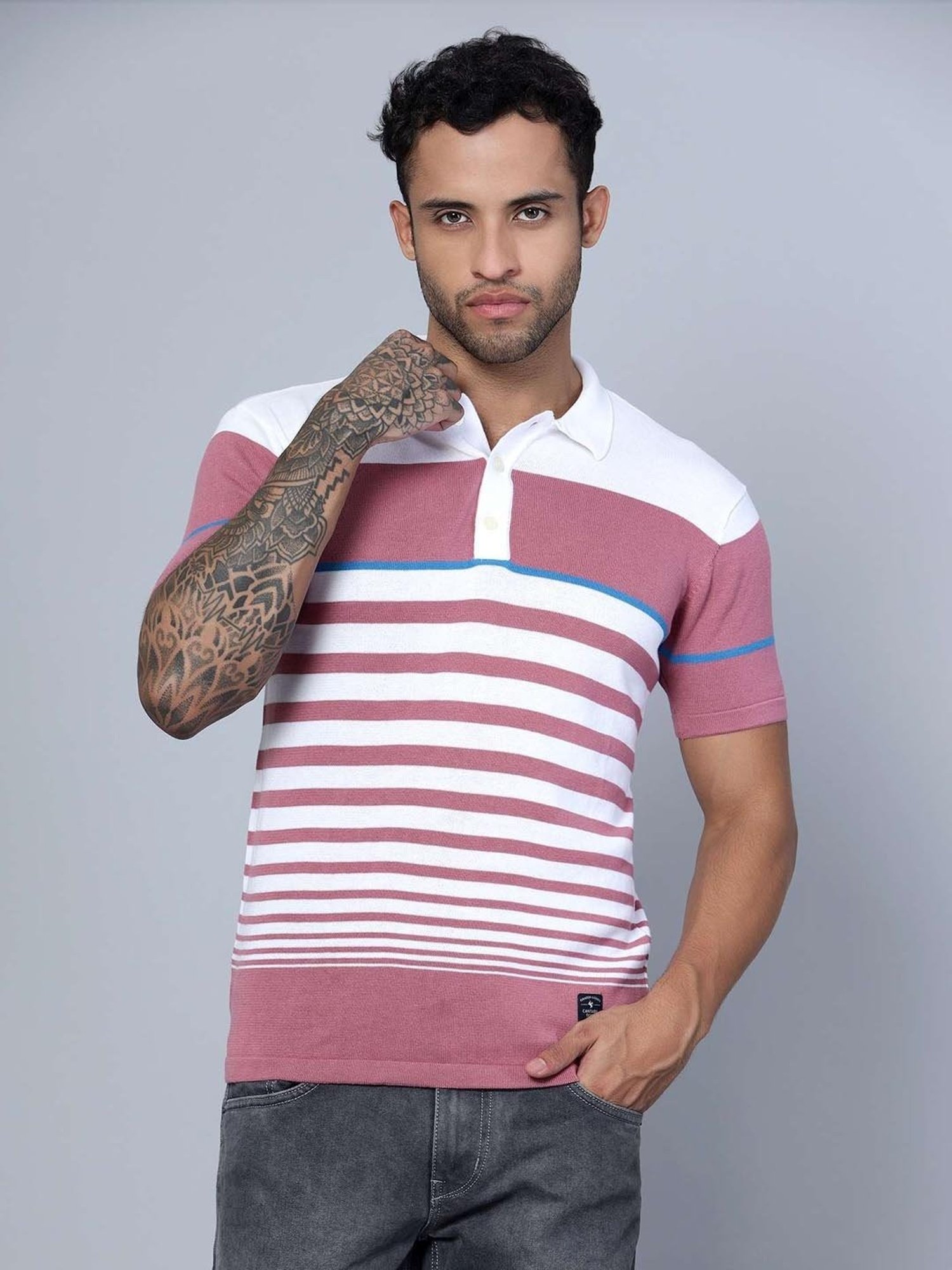 Cantabil White Cotton Regular Fit Striped Polo T-Shirt
