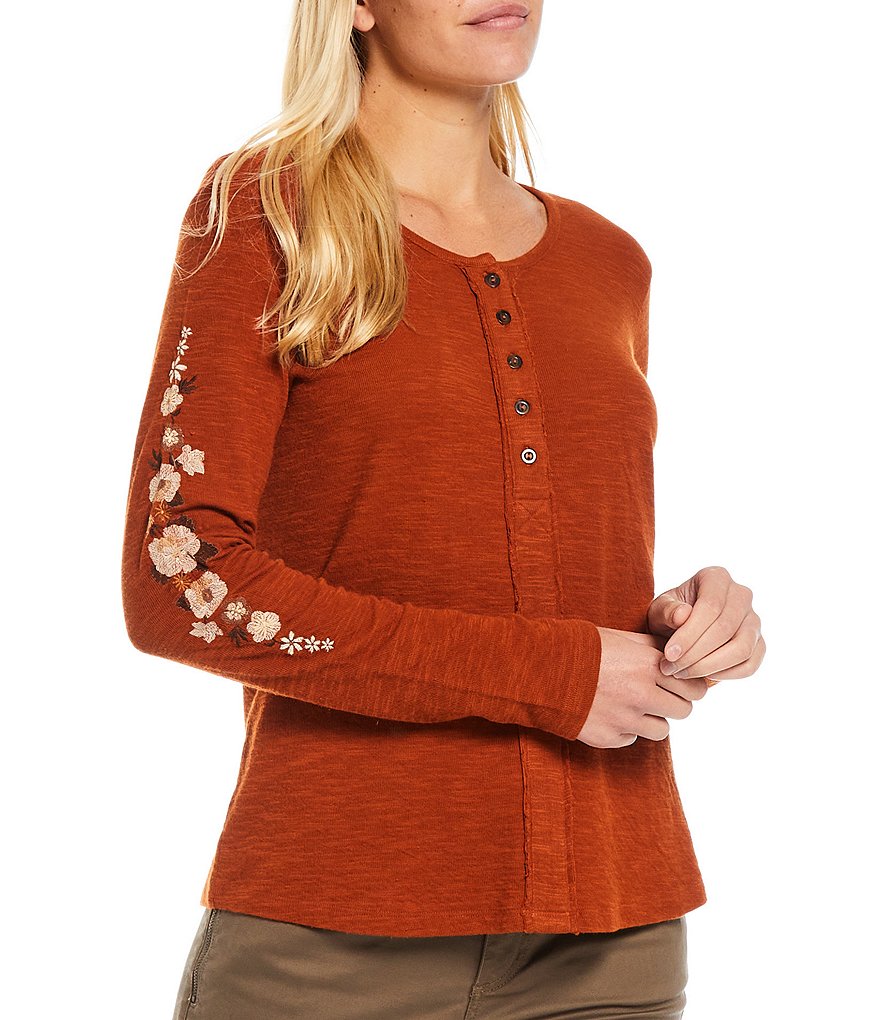 Aventura Selena Embroidered Henley Neck Long Sleeve Organic Cotton Top