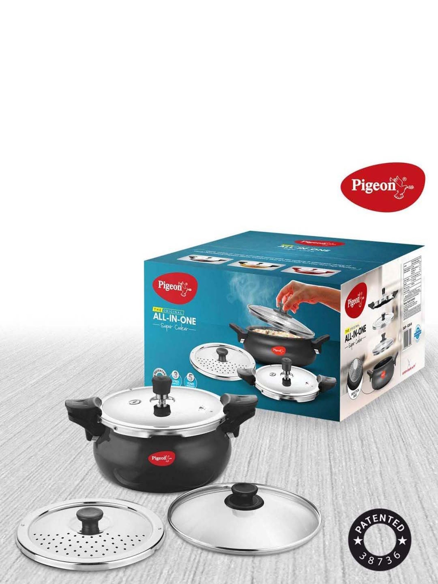 Pigeon Black Aluminium 29 cm Induction Friendly Pressure Cooker With Lid & Strainer (3 L) - Set of 2