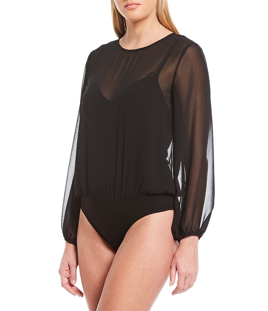 1. STATE Long Sleeve Crew Neck Sheer Mixed Media Bodysuit