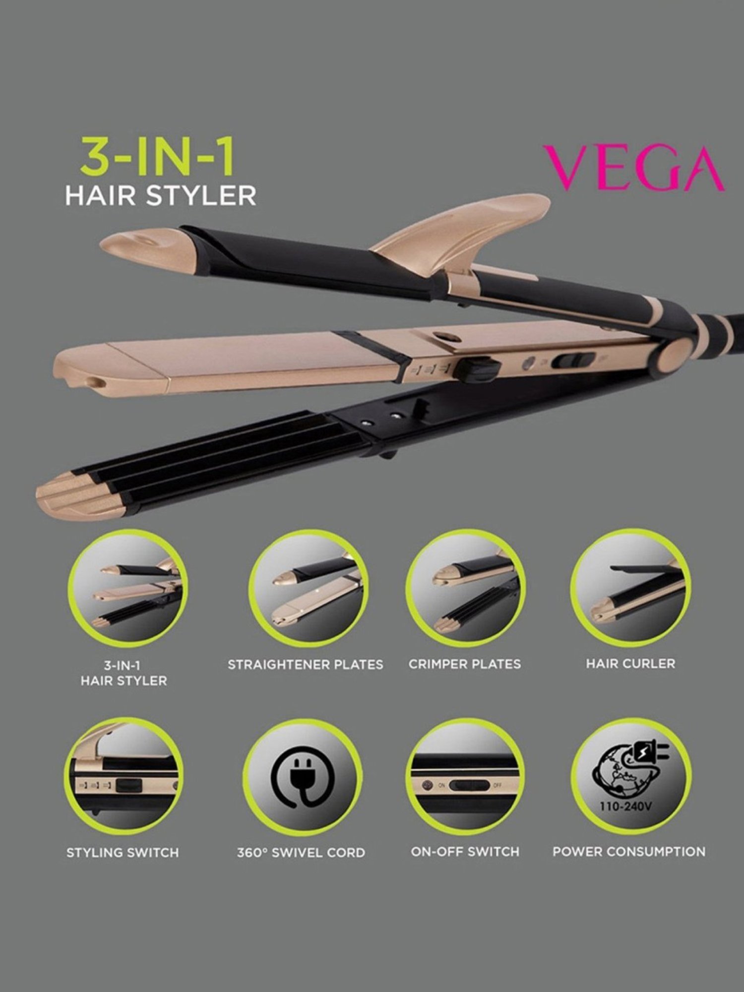 Vega 3 in 1 VHSCC-01 Hair Styler & Blooming Air VHDH-05 Hair Dryer Combo (Multicolor)
