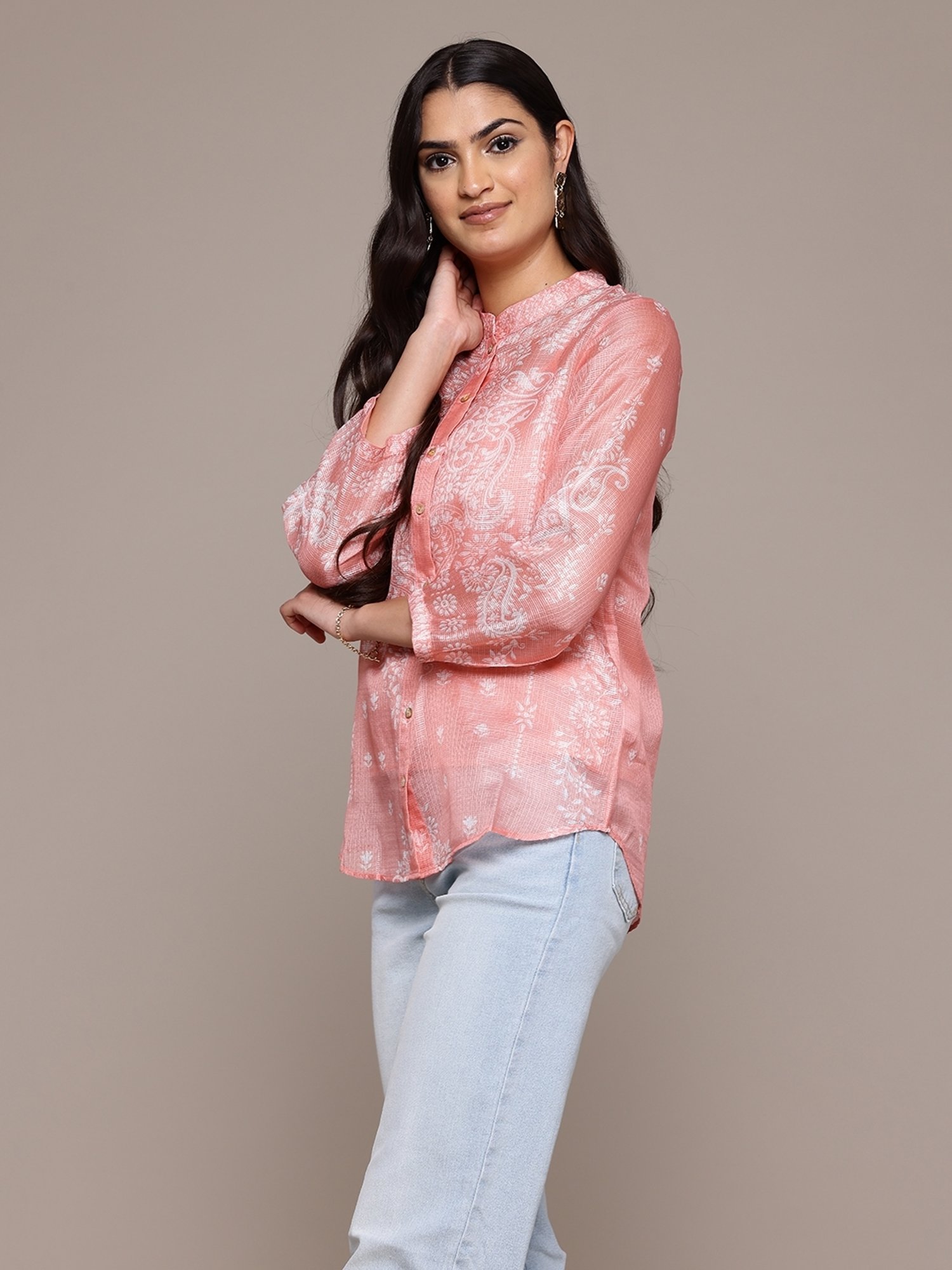 aarke Ritu Kumar Peach Polyster Full Sleeve Shirt