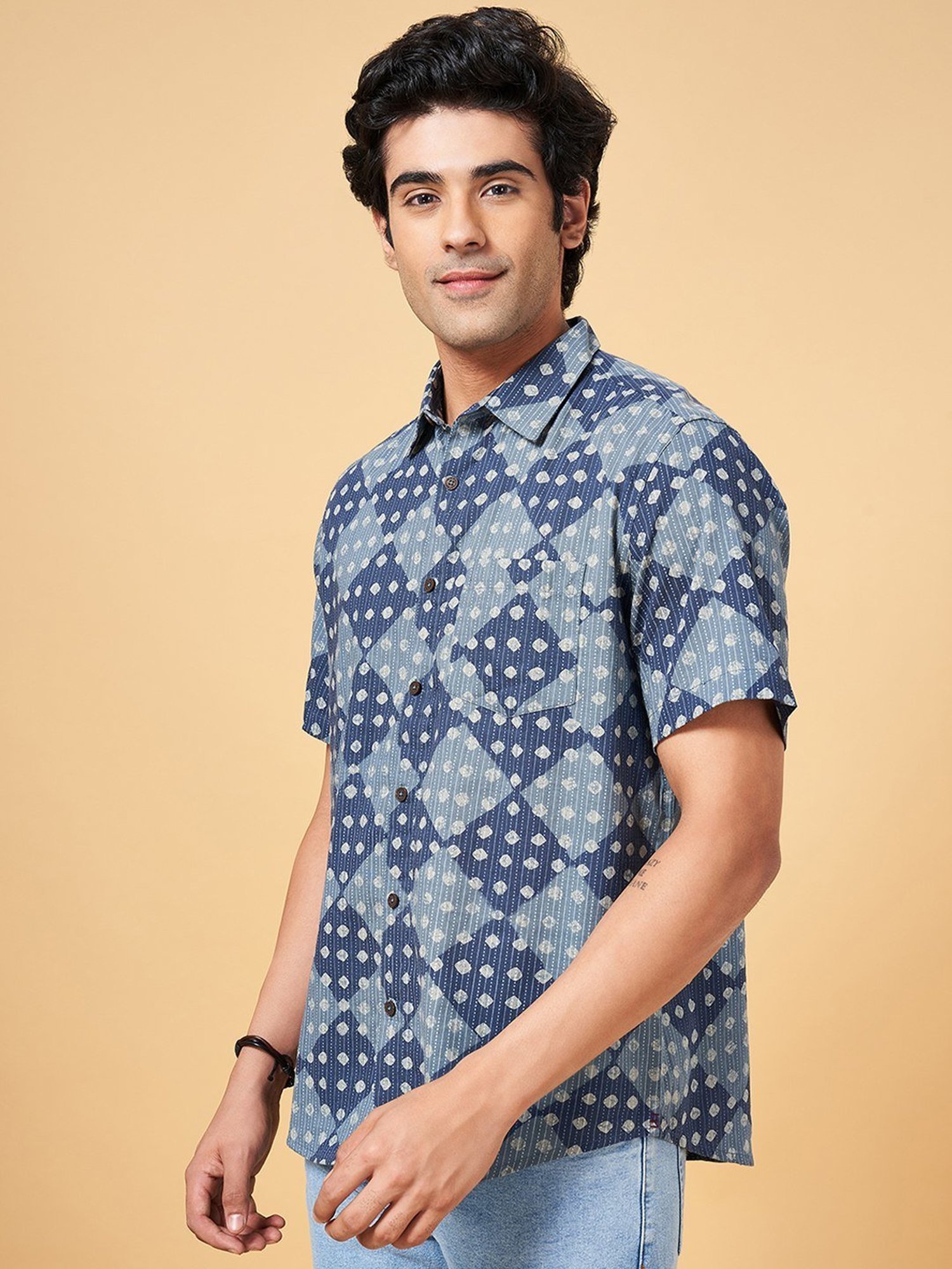 Indus Route by Pantaloons Navy Cotton Regular Fit Printed Shirt