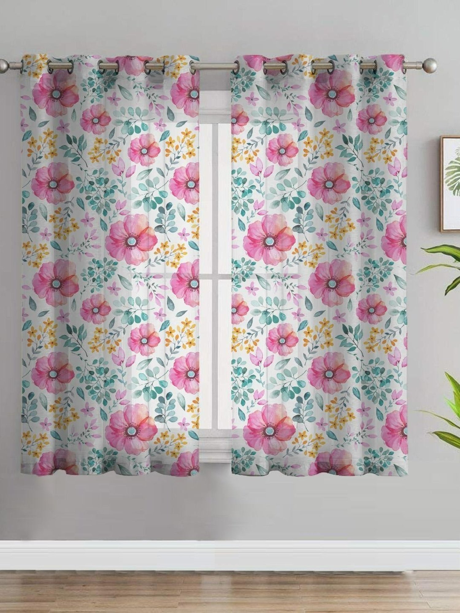 SPACES DRAPE STORY Elegent Floral Pink Polyester 5 ft Window Curtains - Set of 2