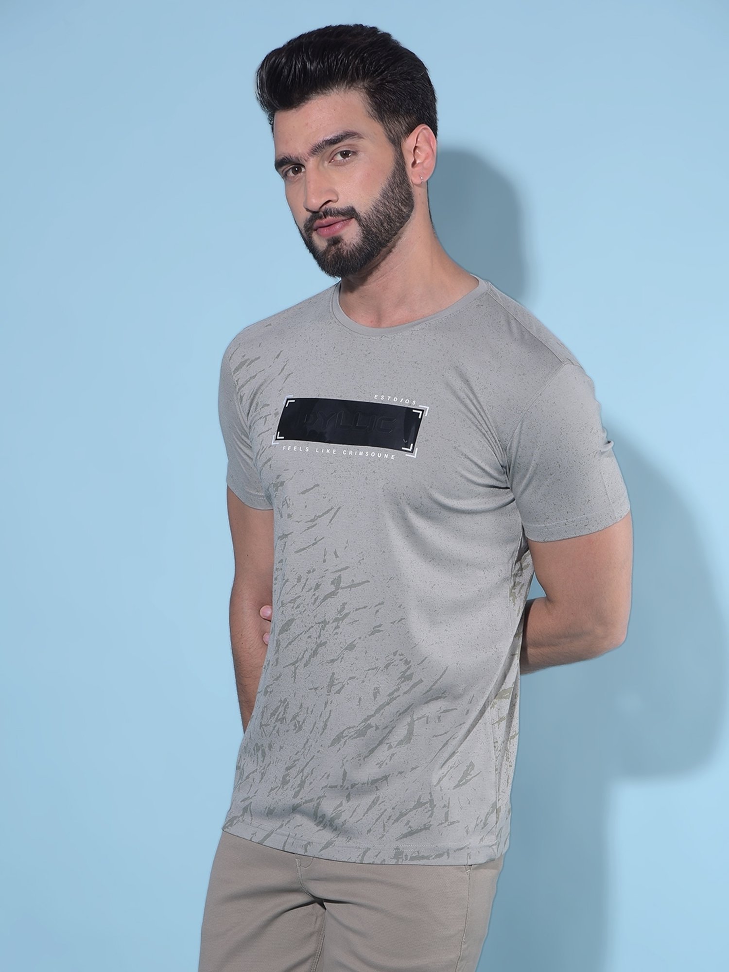 Crimsoune Club Grey Cotton Regular Fit Printed T-Shirt