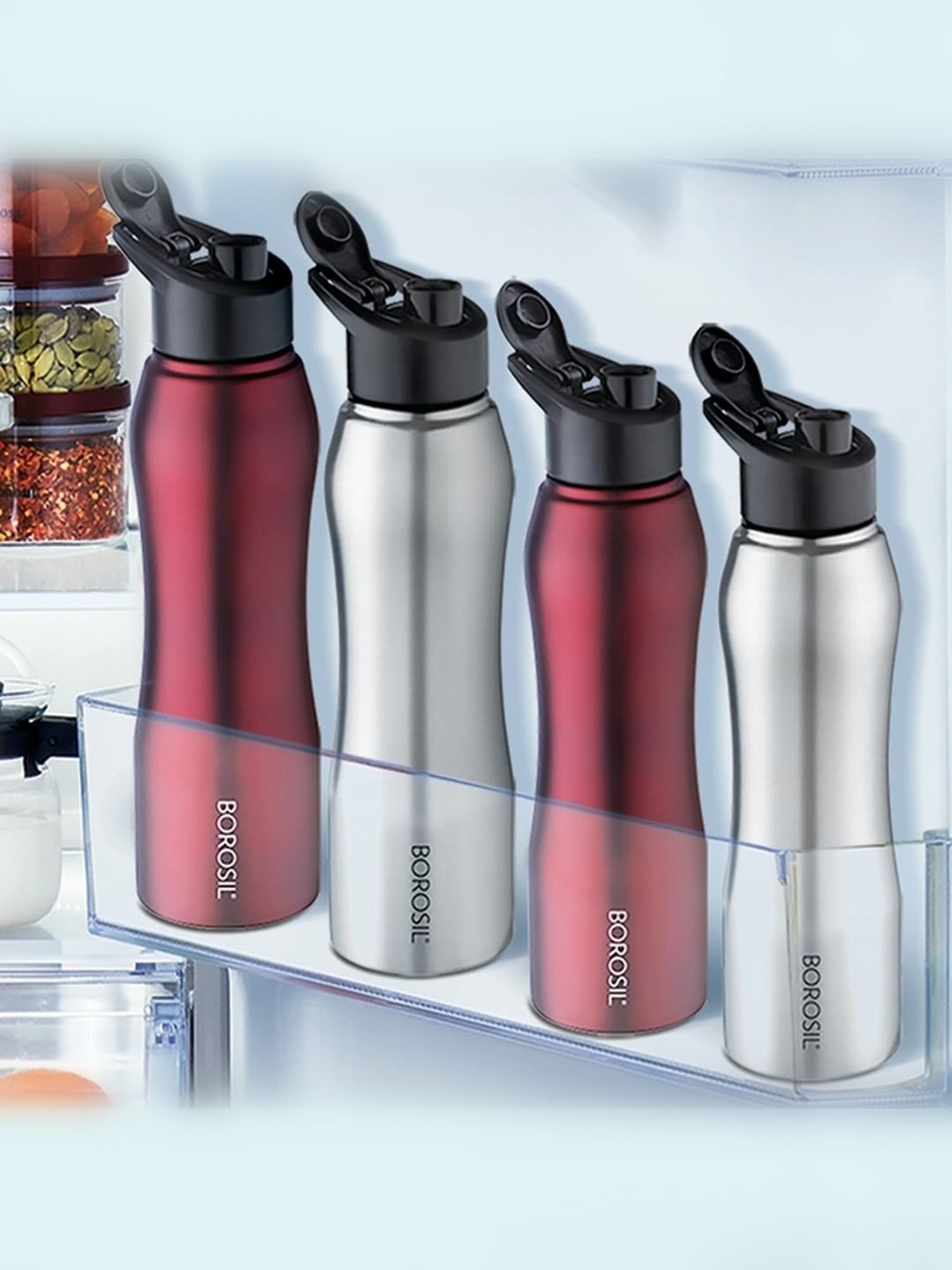 Borosil Water Bottle with Single Wall & Leakproof Set of 4 (Maroon, 1000 ml)