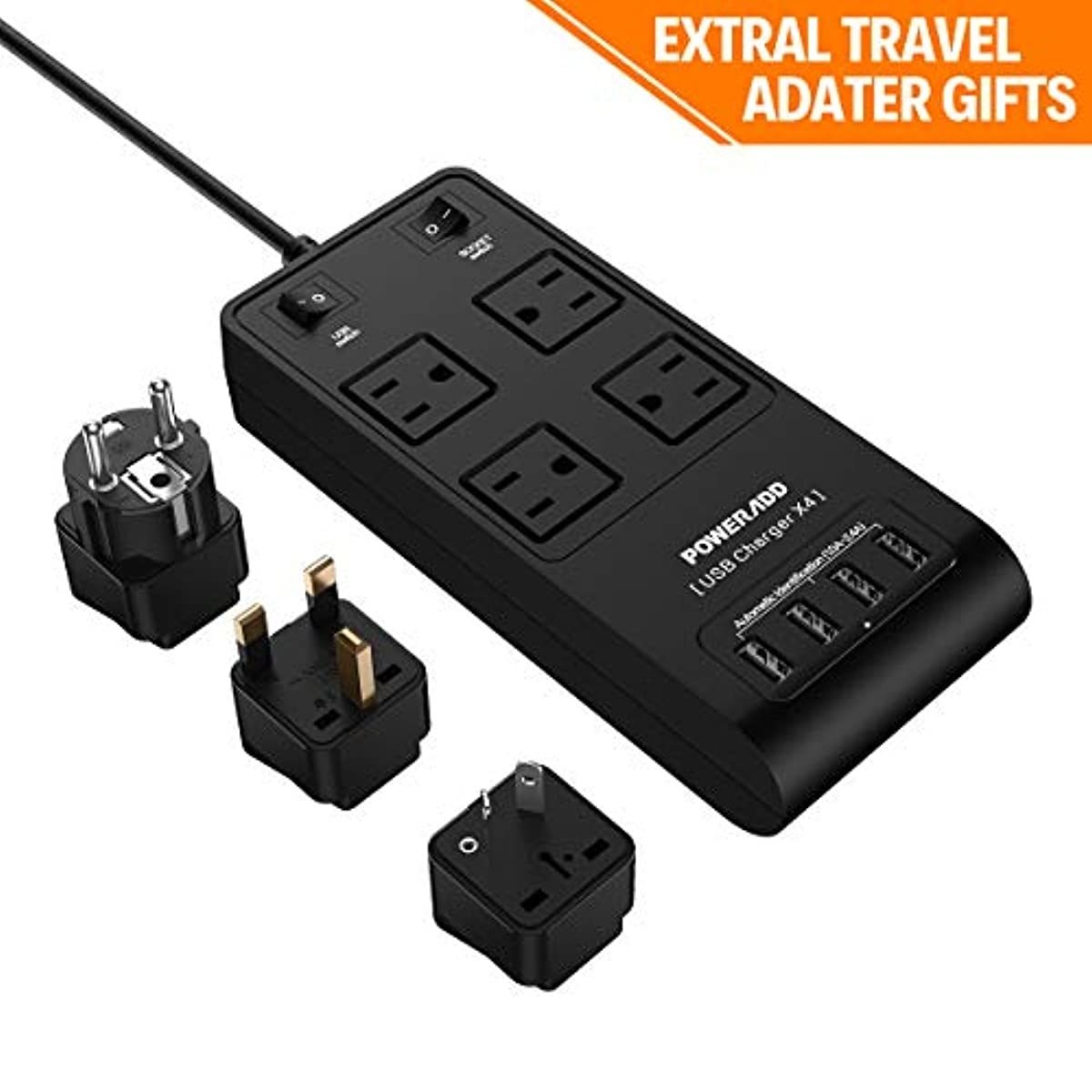 POWERADD Power Strip Surge Protector 3500J 4-Outlets 4 Fast Charging USB Ports 6ft Extension Cord with UK/AU/EU Adapter for International Travel,Home Appliance,Office,Computer,Printor,Phones