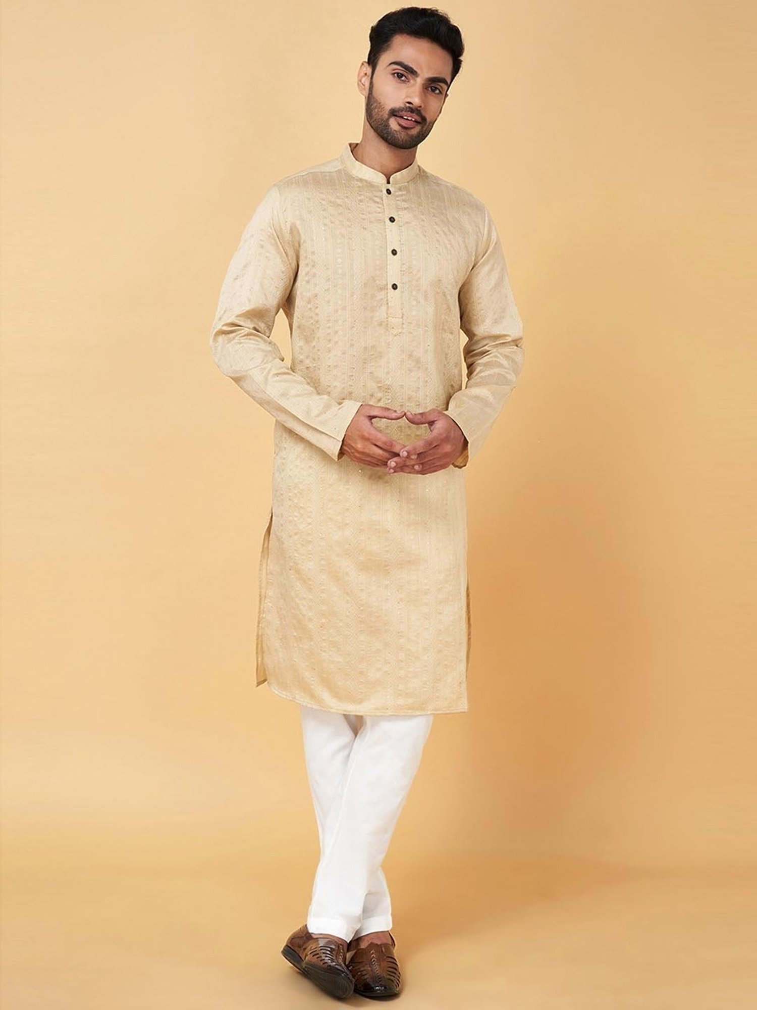 Indus Route by Pantaloons Gold Regular Fit Embroidered Kurta