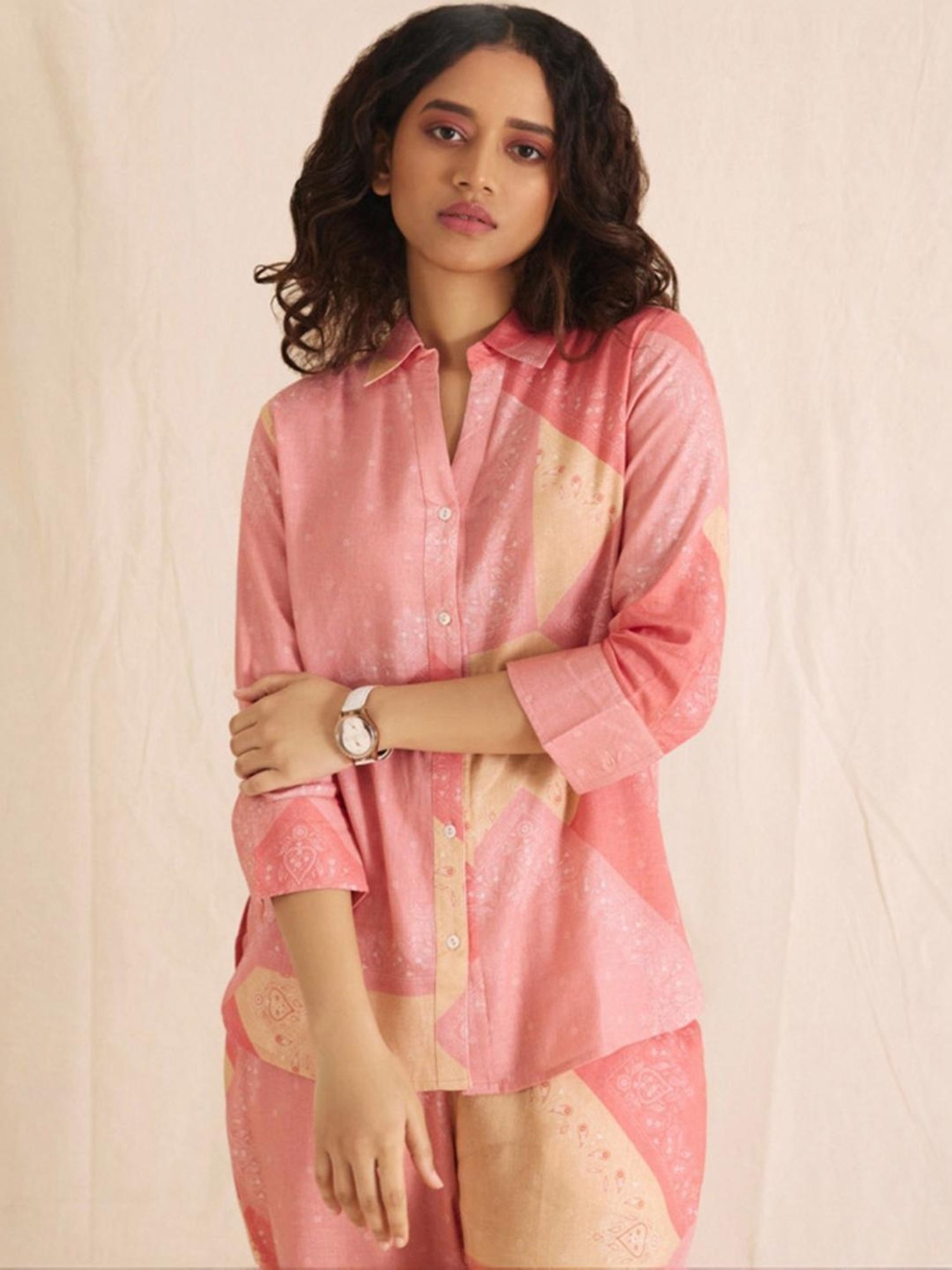 Bombay Bloom Pink Yellow Paisley Linen Tunic With Pant Co-Ord Set