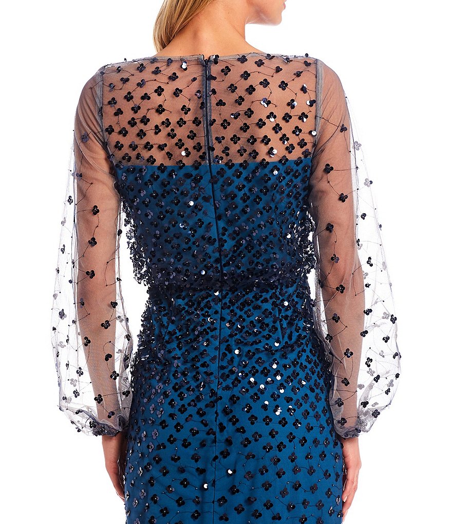 JS Collections Zoe Sheer Long Balloon Sleeve Illusion Boat Neck Front Slit Sequin Dot Blouson Gown