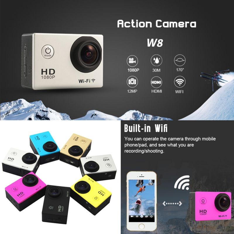 W8 1080P 30FPS 12MP Wifi Waterproof 30M Shockproof 170&deg; Wide Angle 1.5" Screen Outdoor Action Sports Camera Camcorder Digital Cam Video HD DV Car DVR