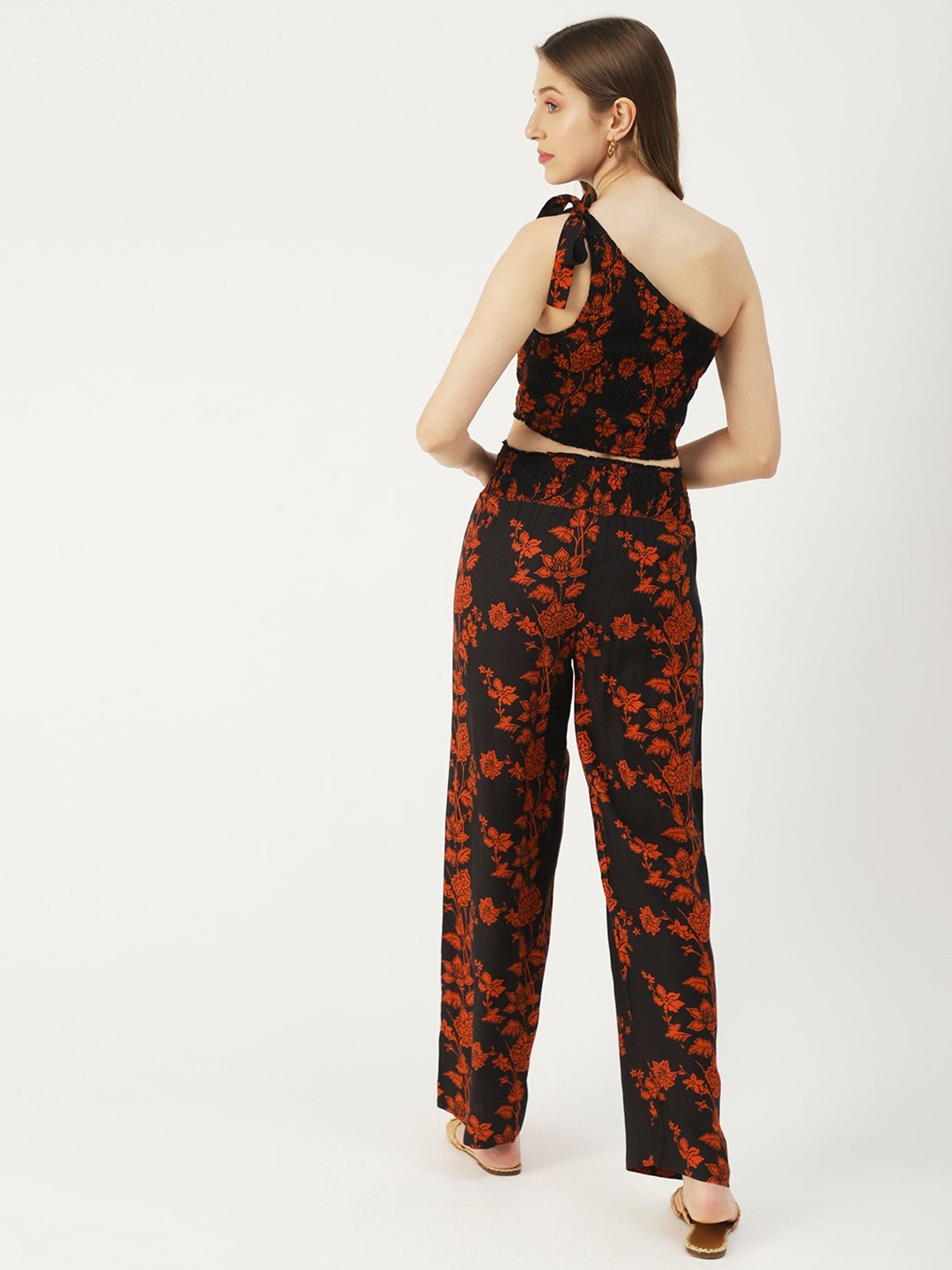 Moomaya Black & Orange Floral Print Crop Top With Palazzos