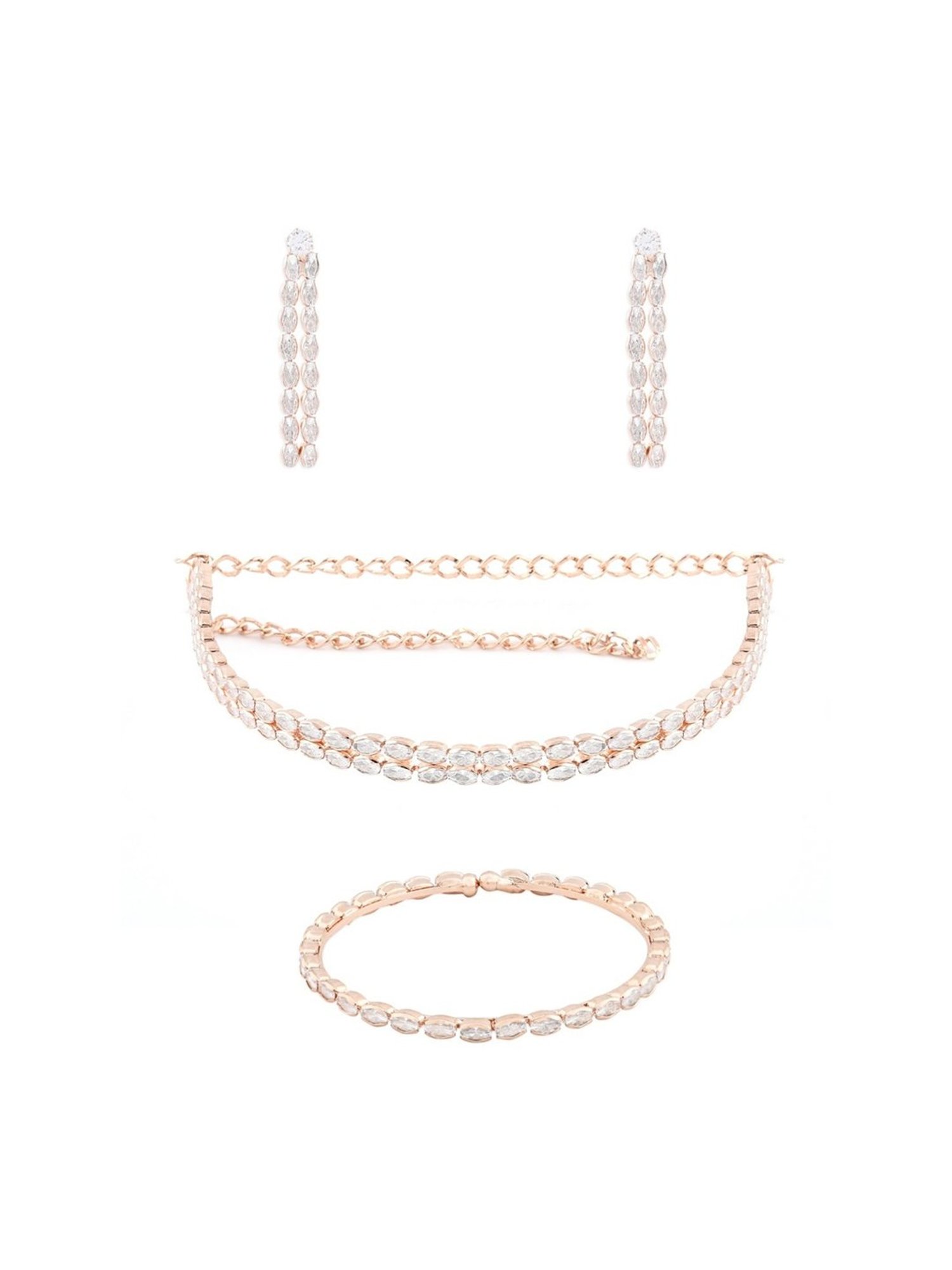 Zaveri Pearls Rose Gold Dazzling Cubic Zirconia 2 Strands Necklace Earring & Bracelet Set-ZPFK12571