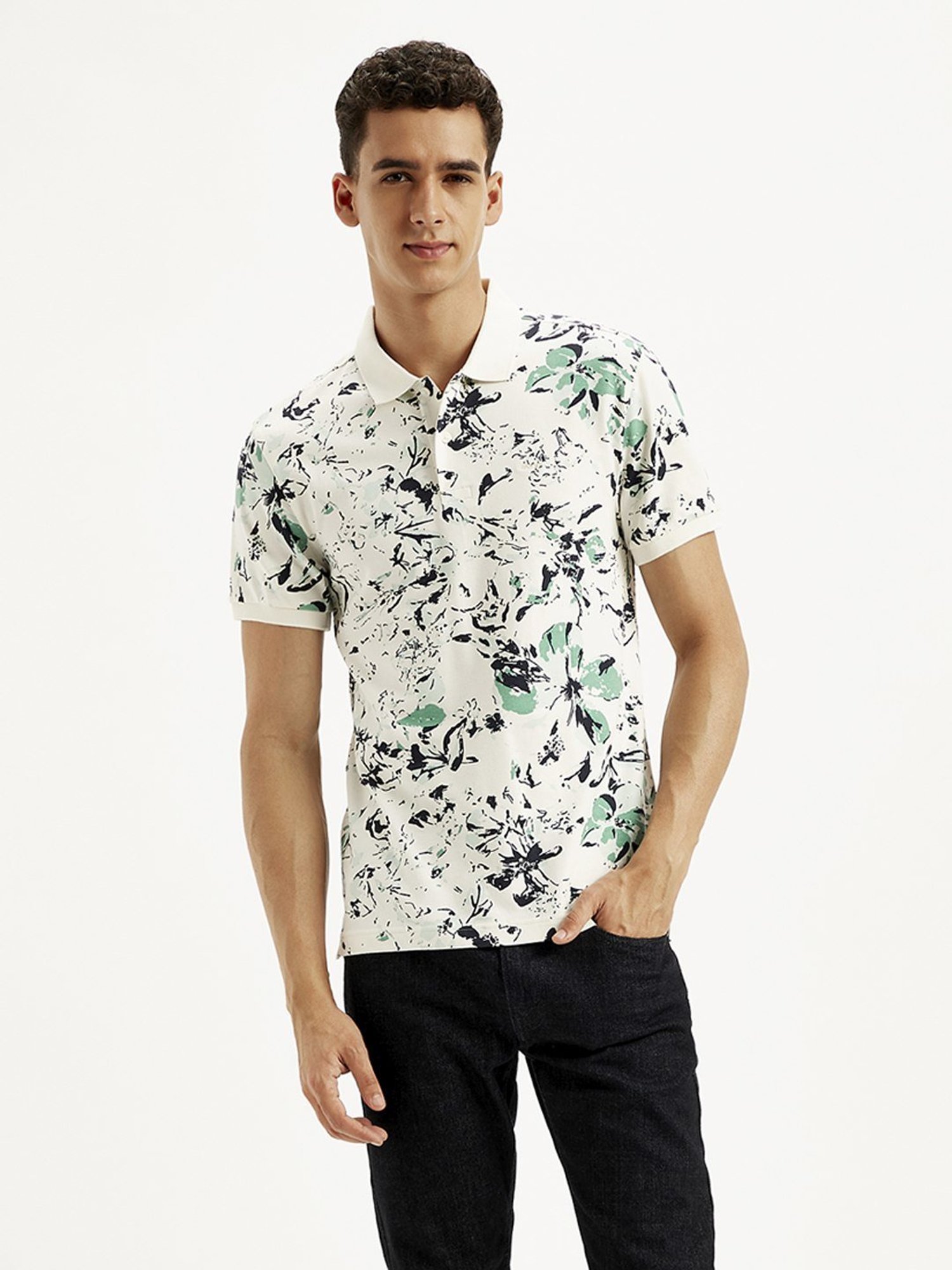 Levi's Off White Cotton Slim Fit Floral Print Polo T-Shirt