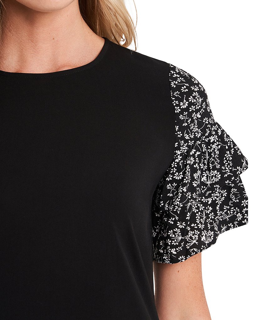 CeCe Tiered Printed Ruffle Floral Sleeve Crew Neck Dress