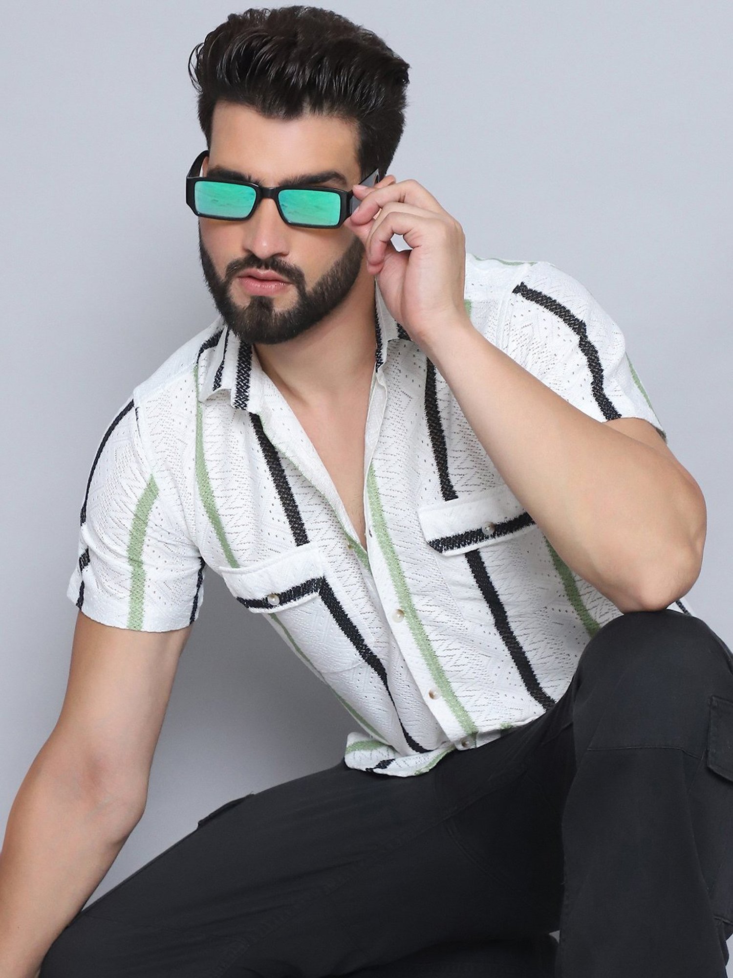 Indian Needle Green Polycotton Regular fit Stripes Casual Shirt