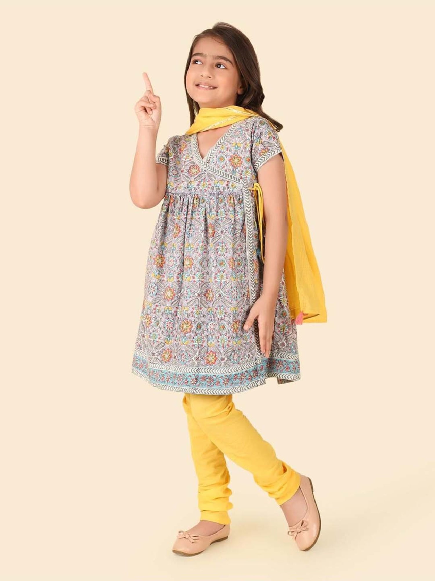 Fabindia Kids Grey & Yellow Cotton Printed Kurta Churidar Set