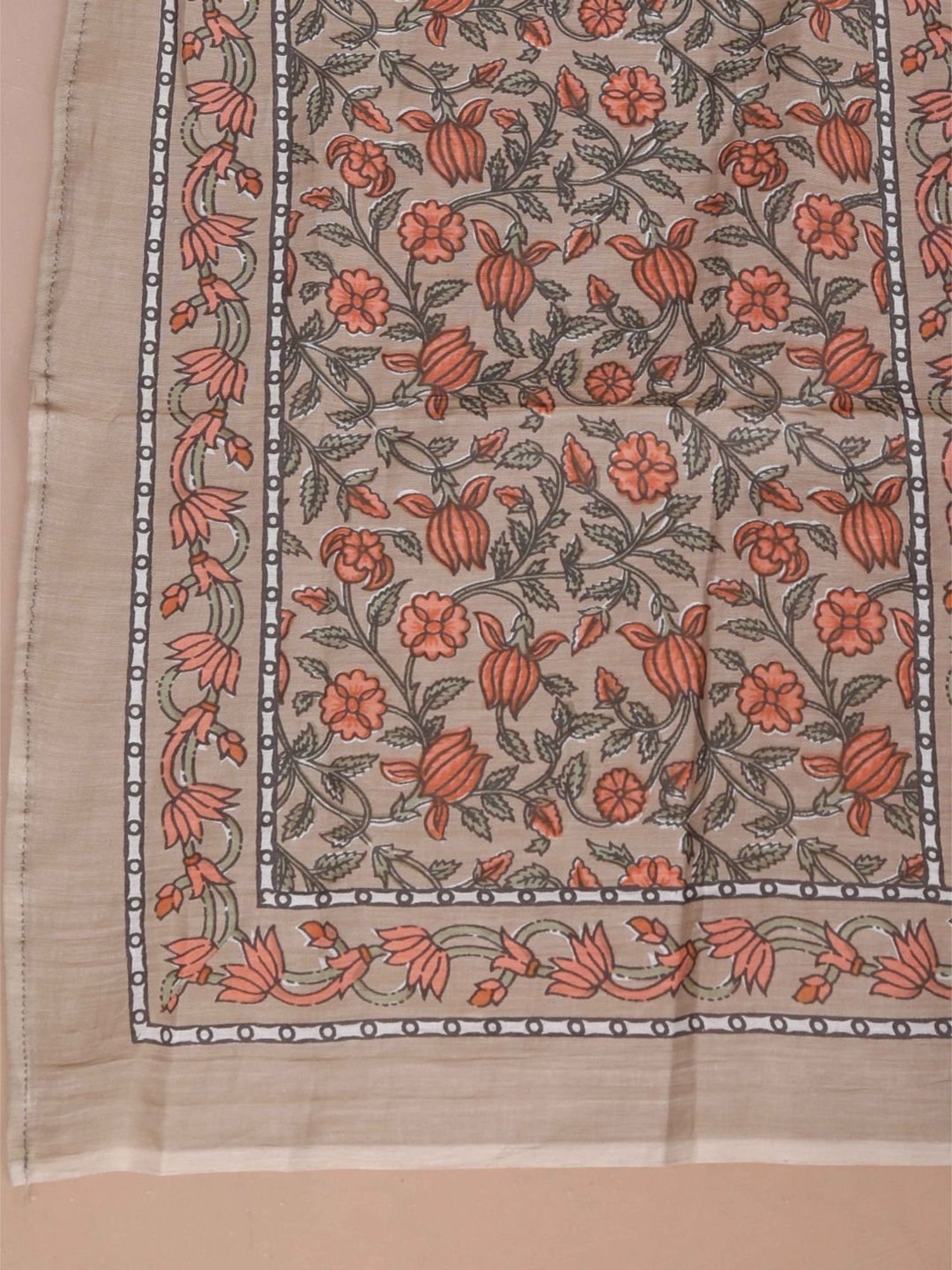 Miravan Beige Cotton Floral Print A Line Kurta With Dupatta