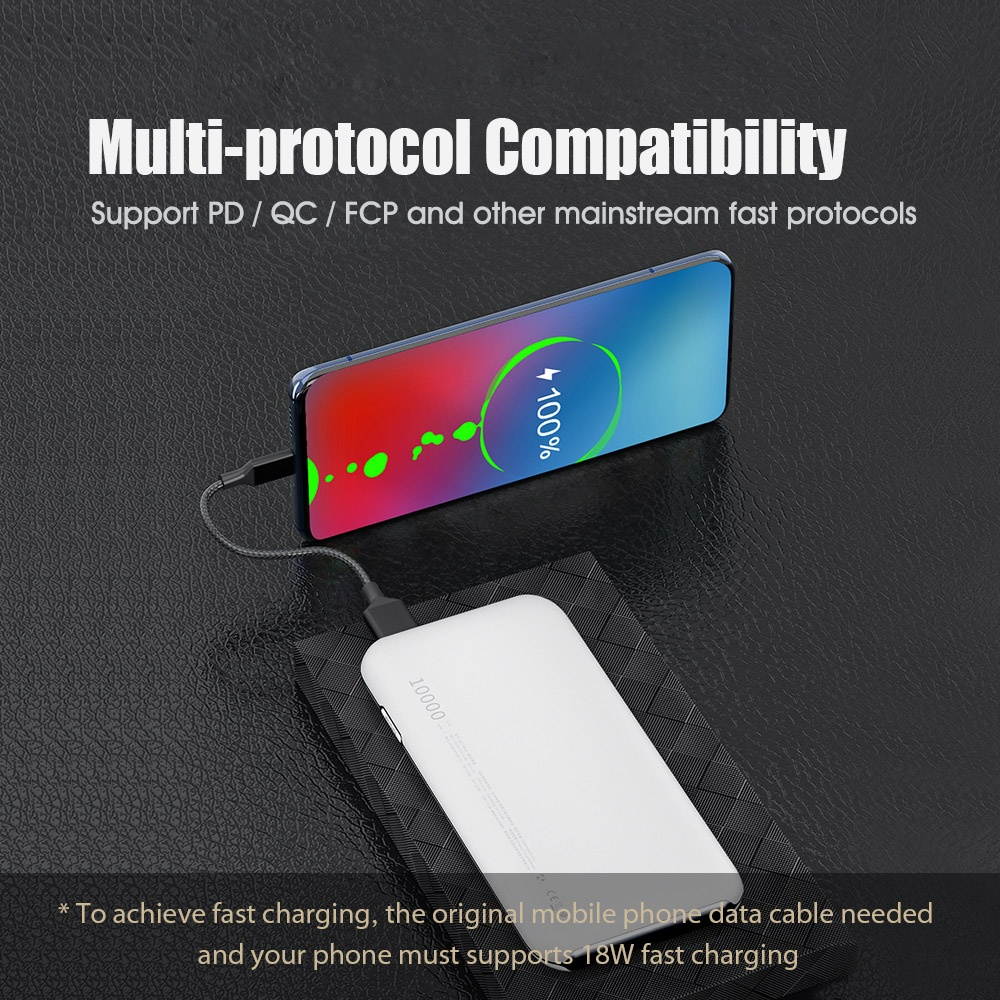QCY PB10 Portable Charger 10000mAh PD USB-C Power Bank 18W Power Delivery Ultra-Compact Battery Pack Dual-input & Dual-output High-Speed Charging Technology Phone Charger Compatible with iPhone