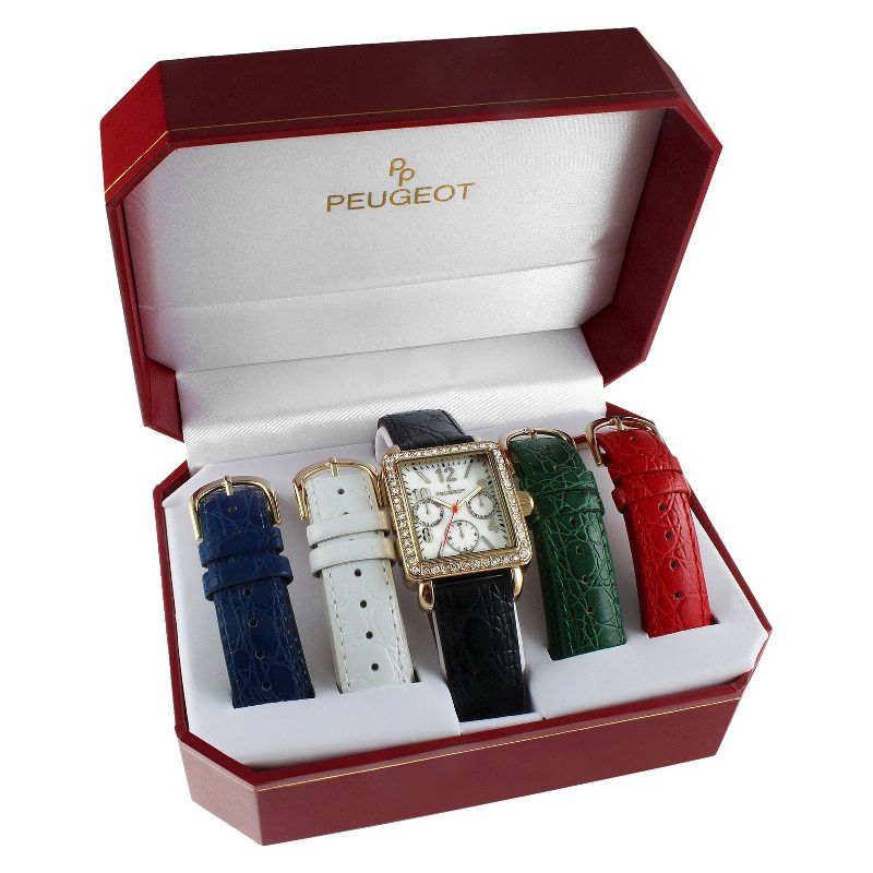 Women's Peugeot Crystal Bezel 5 Interchangeable Leather Strap Watch Set - Gold and