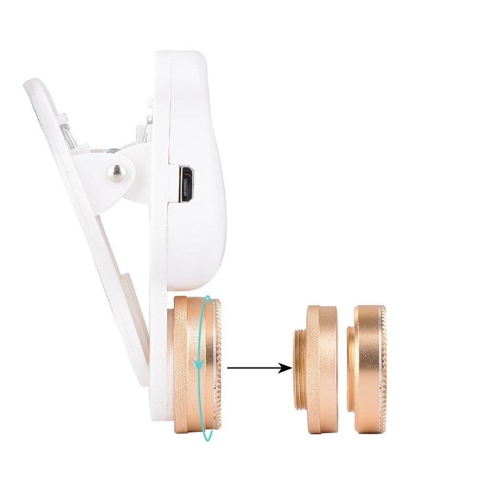 EIGIIS 4 In 1 Cell Phone Lens With Beauty 8 LED Flash Light 205&deg;Fisheye Lens 15X Macro Lens 0.62X Wide Angle Lens For Most Smartphones (Rose Gold)