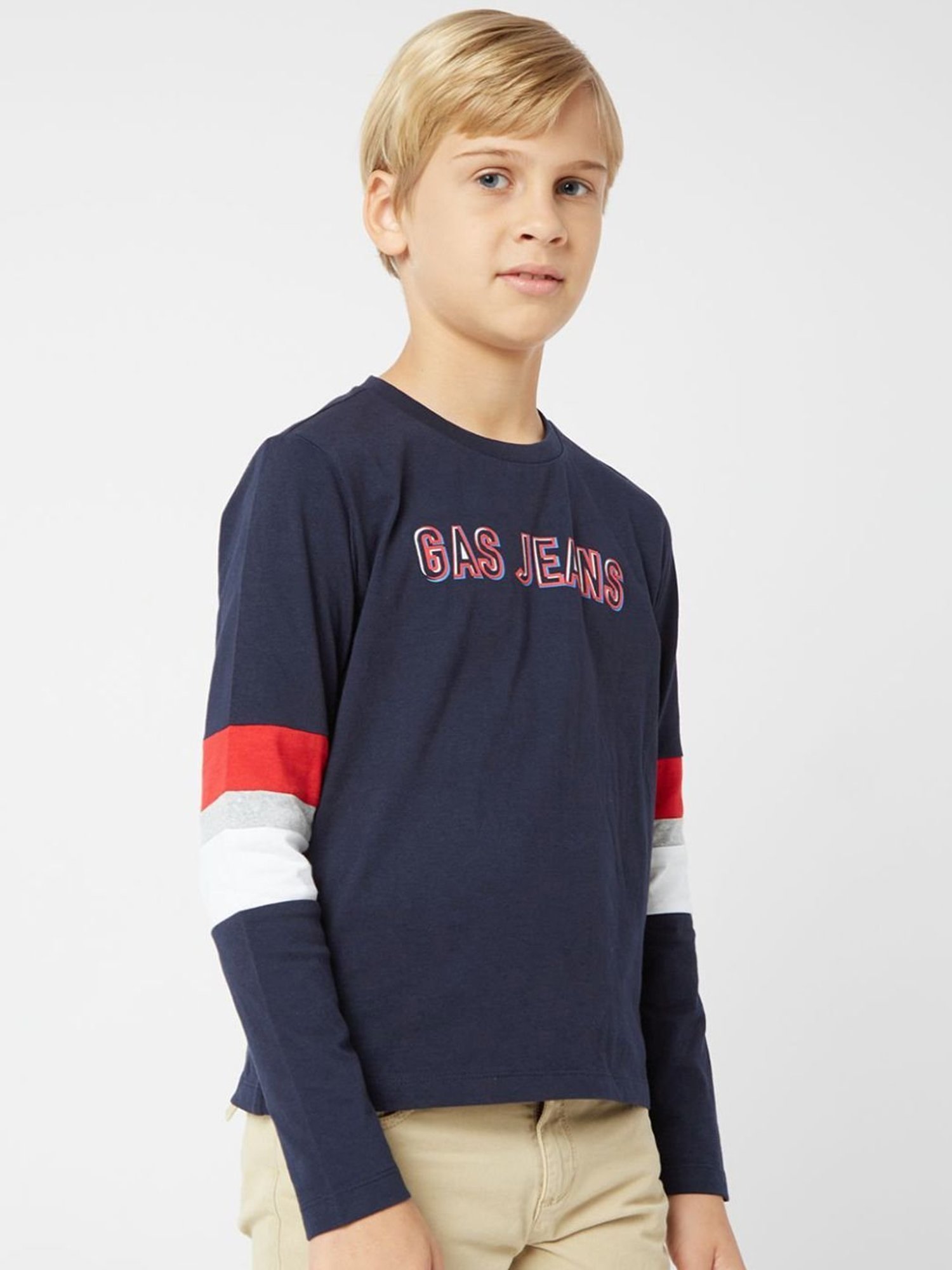 GAS Boys Navy Cotton Printed Full Sleeves T-Shirt