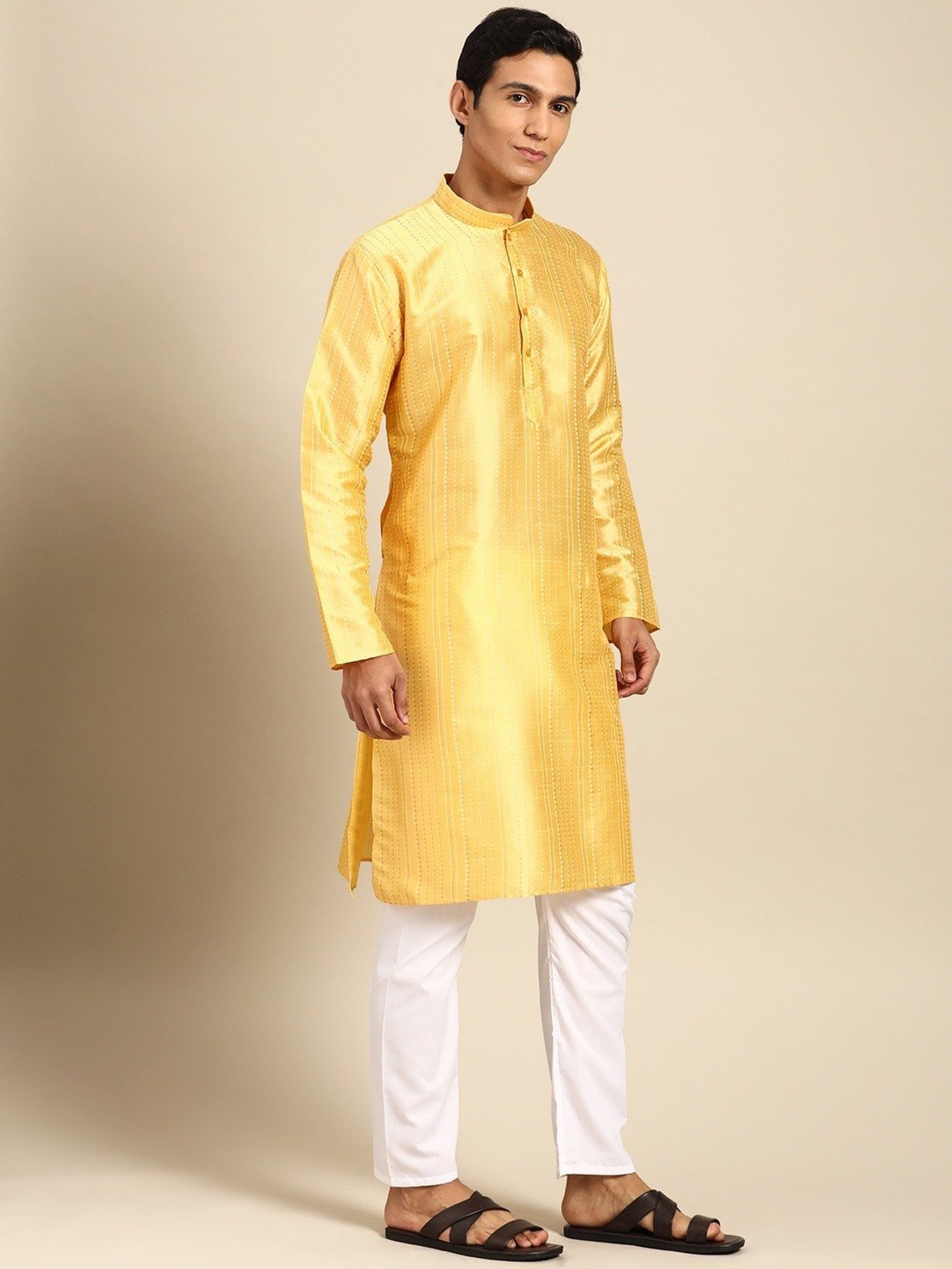 ManQ Yellow & White Regular Fit Printed Kurta Bottom Set