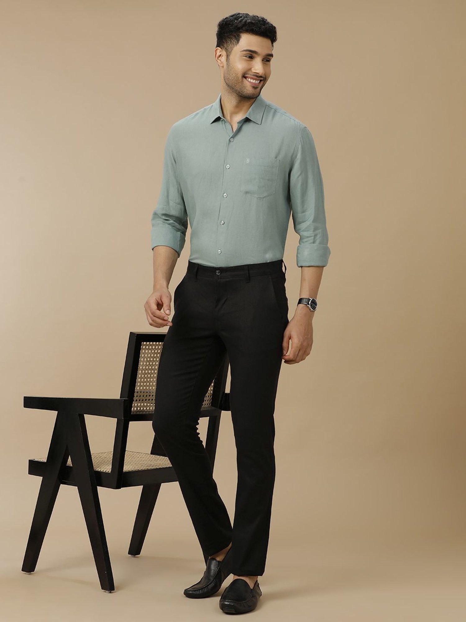 Linen Club Green Linen Contemporary Fit Shirt